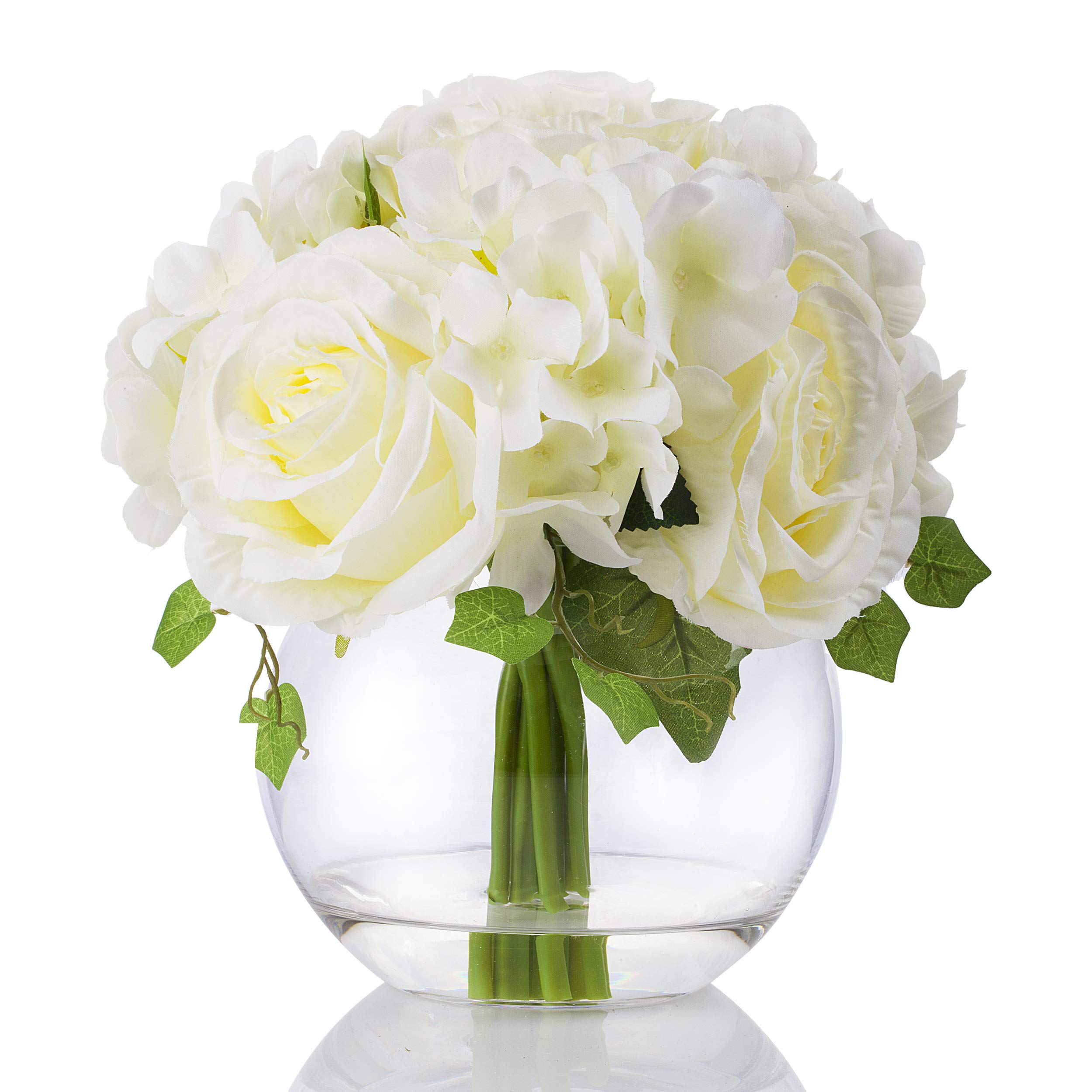 ENOVA HOME Mixed Silk Blooming Hydrangea and Rose Artificial Flower Arrangement in Clear Glass Vase with Faux Water - Cream Floral Centerpiece for Home Decor, Wedding, Table, Office & Event Decoration