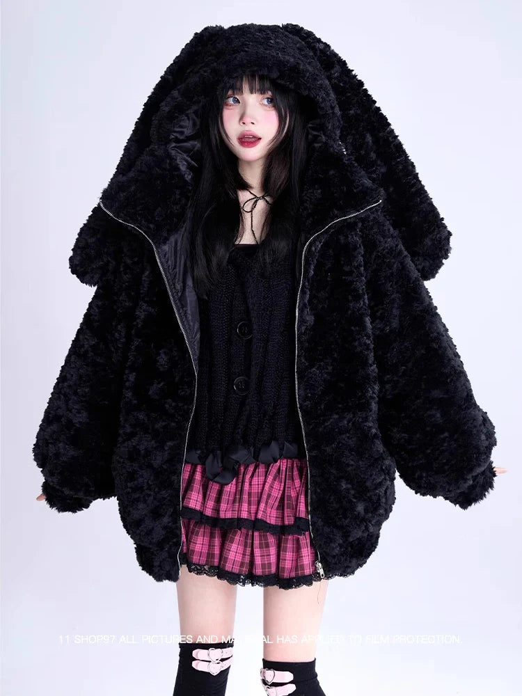 2023 Women's Black Faux Fur Coat with Bunny Ears - Soft Fluffy Winter Jacket, Warm Fuzzy Hoodie for Autumn & Winter | Perfect for Cold Weather, Holiday Parties & Casual Outings