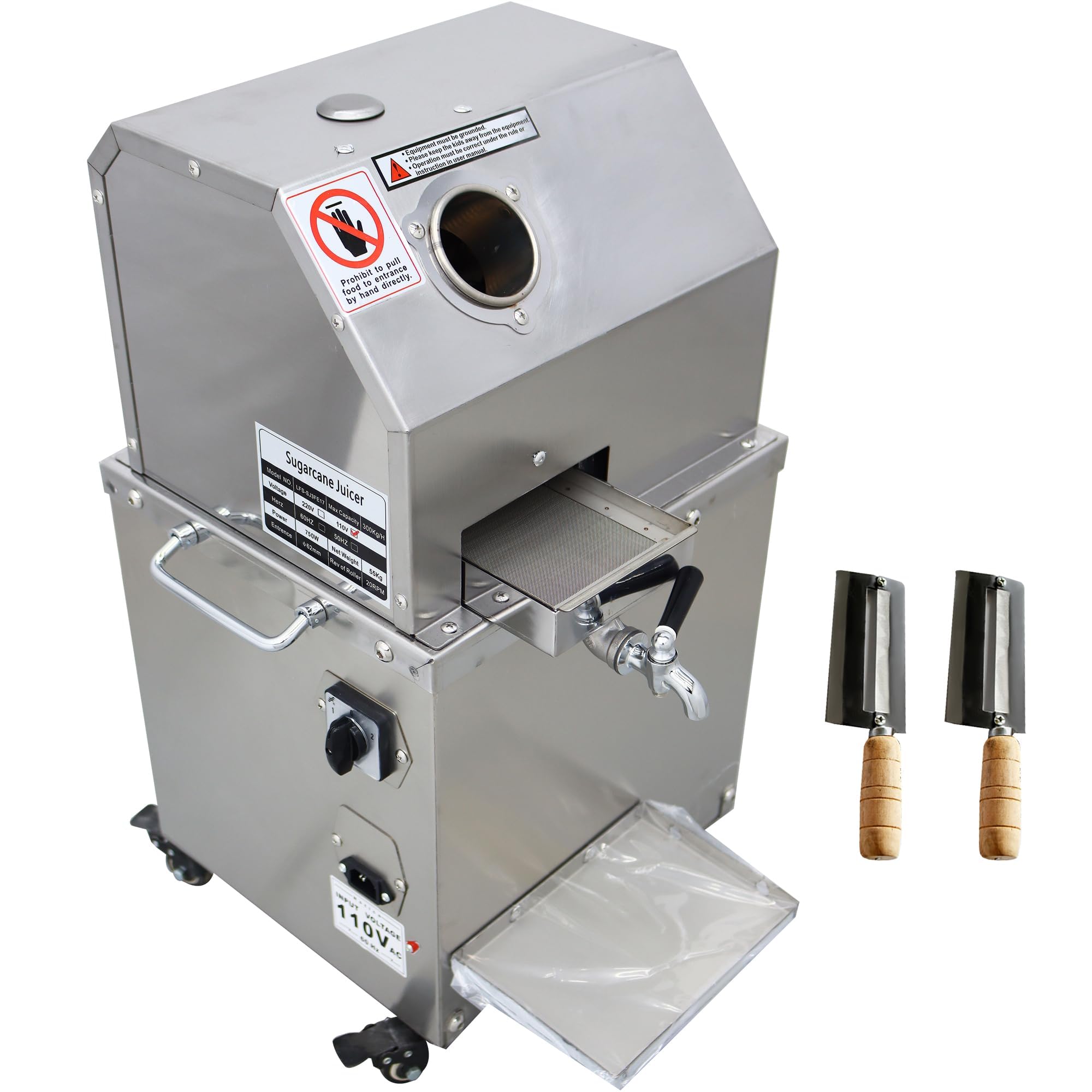 Electric Sugar Cane Juicer Machine - 300Kg/H Commercial Vertical Sugarcane Press with 3 Stainless Steel Rollers & 2 Knives - 110V for Fresh Juice Bars, Restaurants, and Home Use
