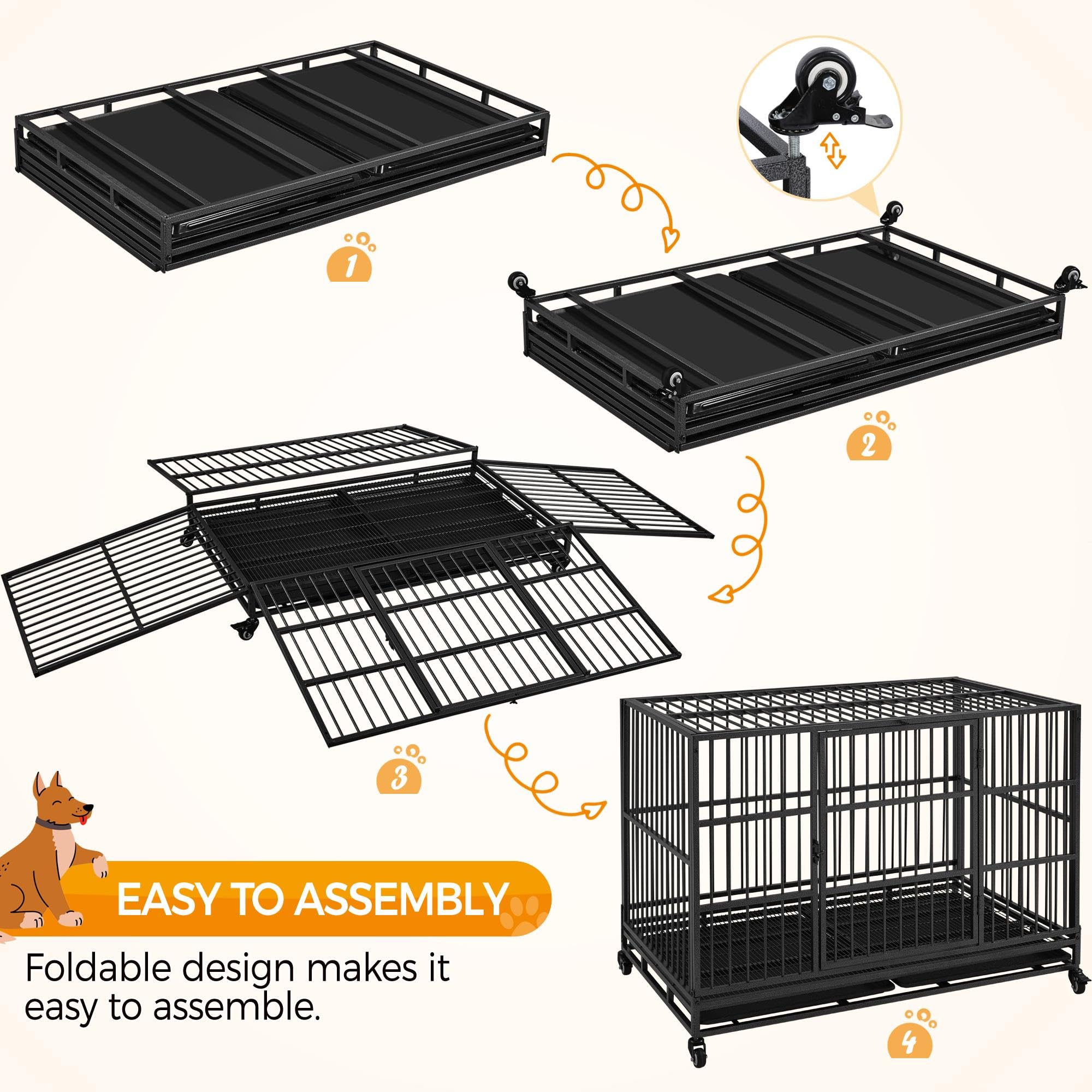 Yaheetech 48'' Extra Large Heavy Duty Dog Crate - XXL Indestructible Pet Cage with 2 Doors, Lockable Wheels & Removable Tray - Indoor/Outdoor Use for Large Dogs, Travel, Training & Home Security