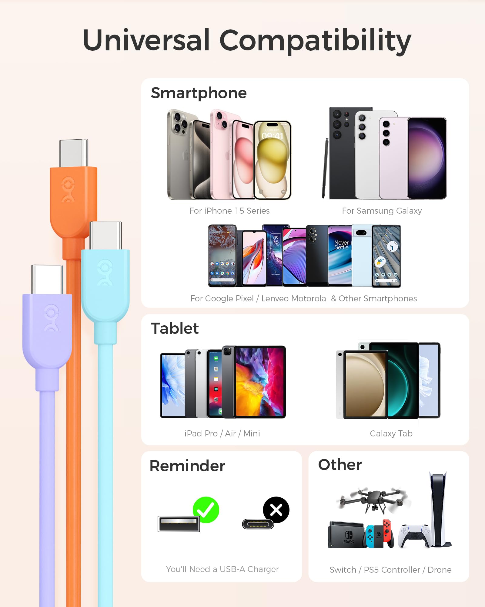 Cable Matters 3-Pack Multi-Color USB A to USB C Fast Charging Cable 3A 1.8m (6ft) - Orange, Blue, Purple | Compatible with iPhone 15, Samsung Galaxy S23, Google Pixel | Fast Charging for Smartphones, Tablets, Laptops | Home, Office, Travel Use