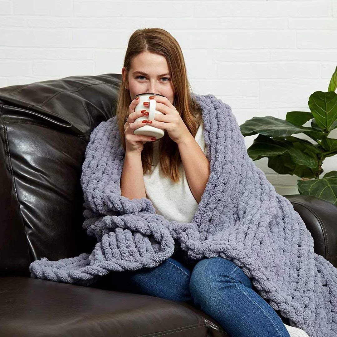 Handmade Soft Knitted Weighted Blanket - Chenille Chunky Knit Throw Blanket for Adults (Beige, 150x180cm) - Cozy Bedding & Home Decor for Bed, Sofa, Chair - Perfect for Stress Relief, Anxiety & Better Sleep