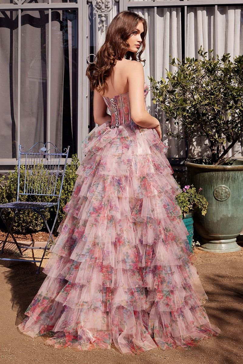 Andrea & Leo A1463 Print Ruffle Corset Gown - Elegant Evening Dress for Prom, Wedding & Special Occasions