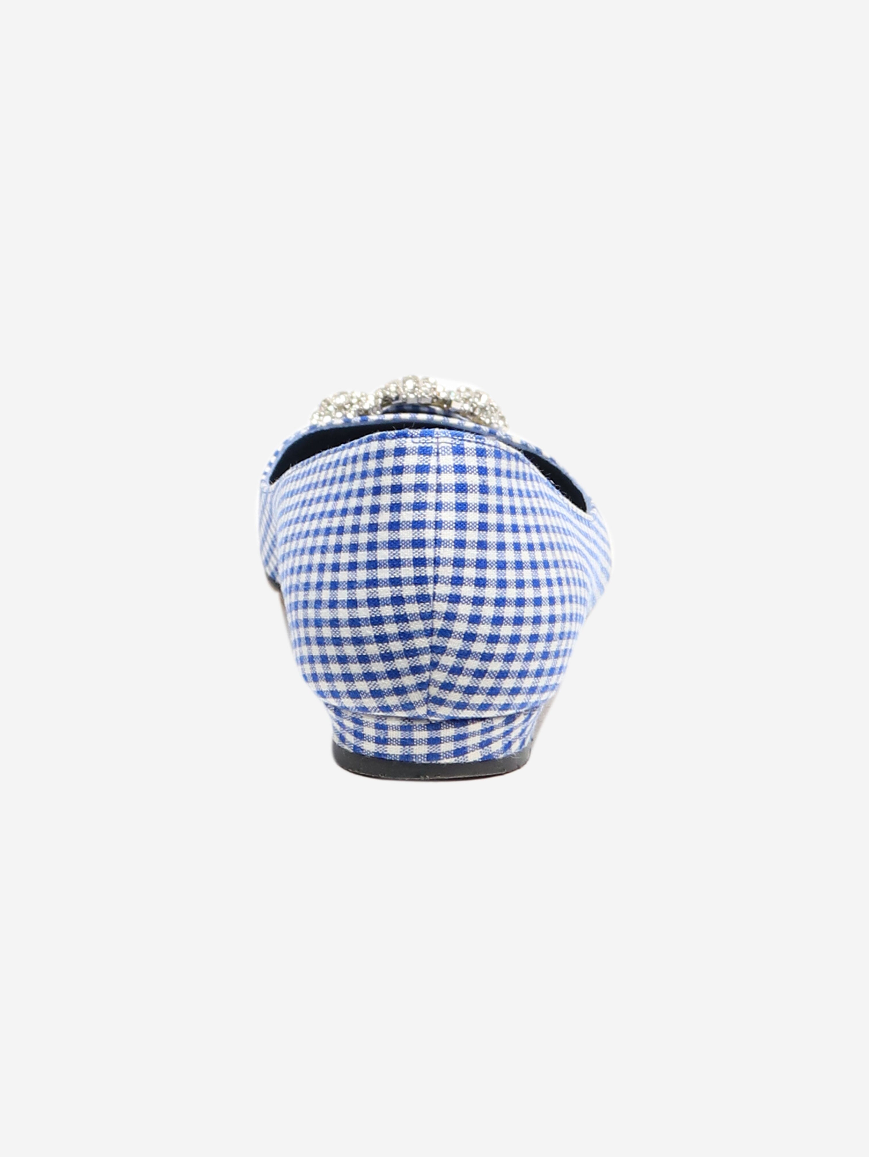 Blue and White Gingham Flat Shoes - Women's Size EU 37 (US 6.5) - Comfortable Casual Loafers for Walking, Office, and Everyday Wear