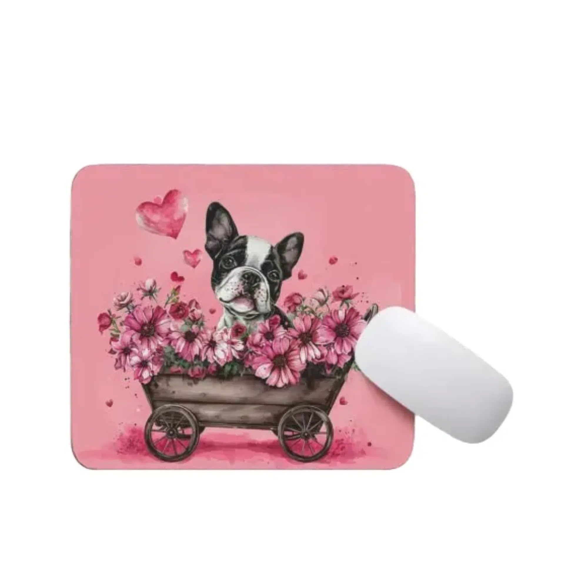 Vintage Floral Dog in Wooden Cart Non-Slip Rubber Mouse Pad - Cute Boston Terrier Design for Computer, Laptop & Office Desk - Perfect Gift for Dog Lovers (Home/Office Use, Gaming & Work Setup)