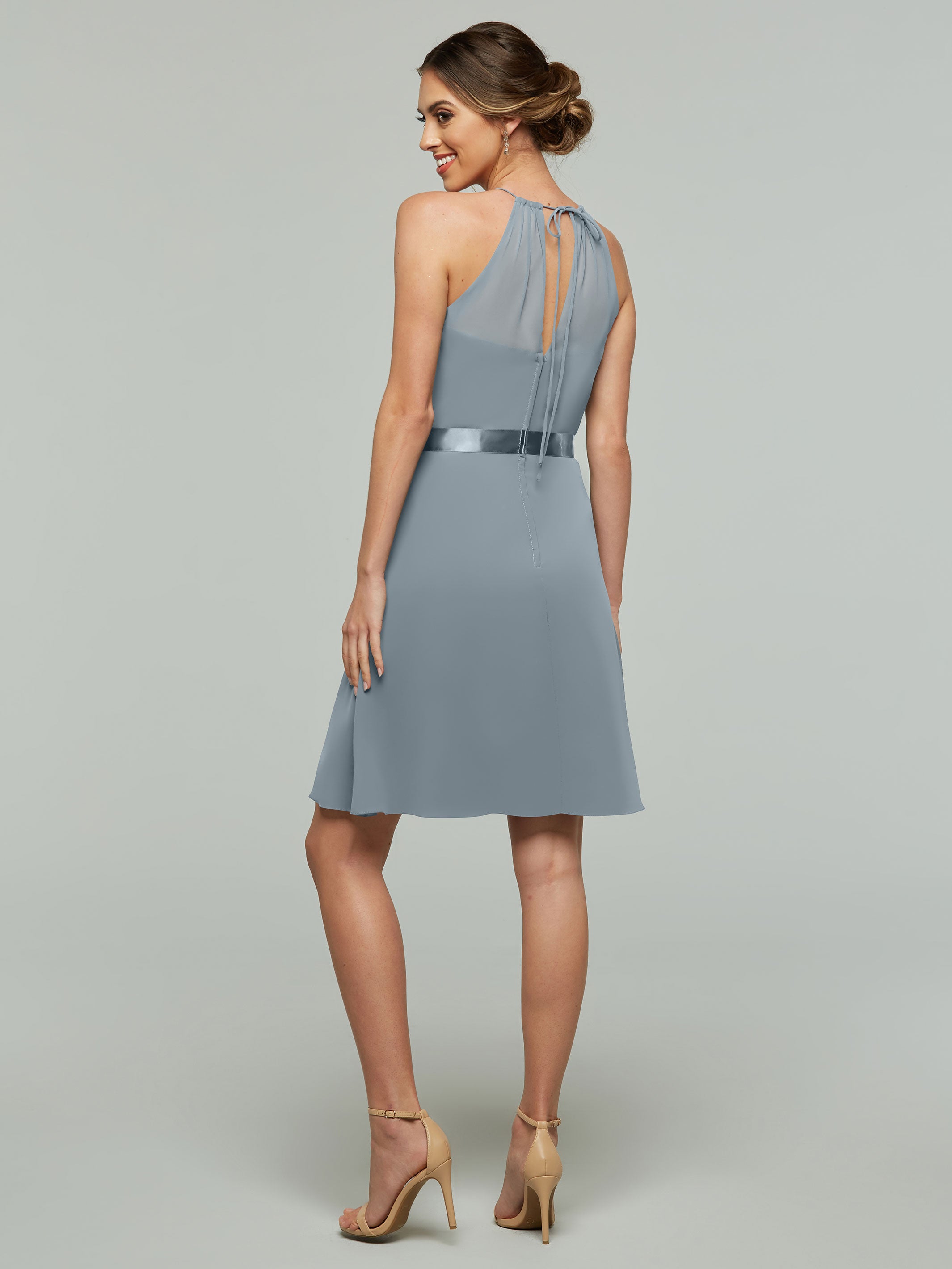Elegant 80042 Knee-Length Chiffon Bridesmaid Dress with Halter Neckline & Keyhole Back - Perfect for Weddings, Formal Events & Special Occasions