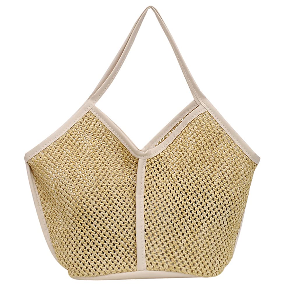 Women's Woven Straw Tote Bag - Leather Trim Beach Handbag for Summer Outings