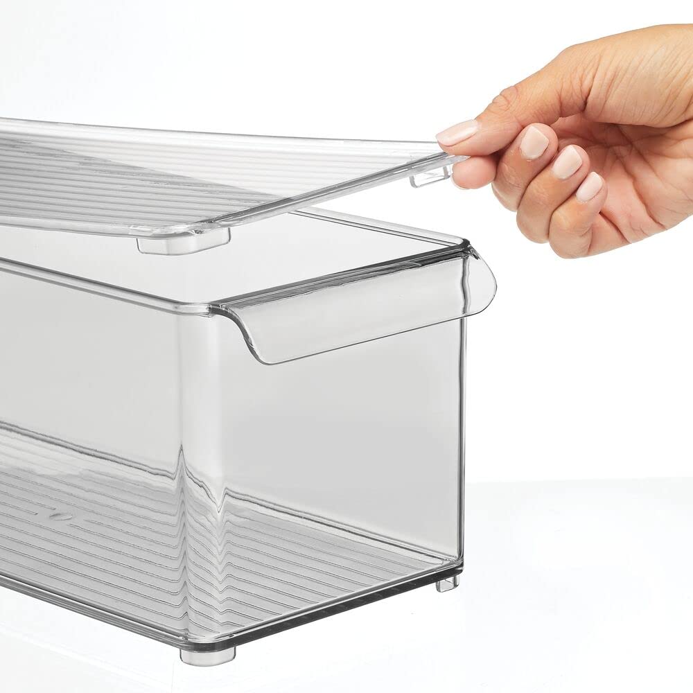 mDesign Plastic Stackable Kitchen Pantry Cabinet Organizer - Clear/Smoke Gray Food Storage Bins with Handle & Lid - 2 Pack for Refrigerator, Freezer - Perfect for Fruits, Yogurt, Snacks, Pasta - Ideal for Pantry Organization & Meal Prep