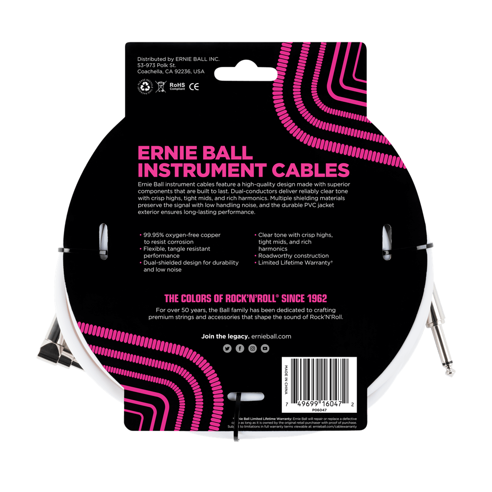 Ernie Ball 20ft Straight/Angle Instrument Cable - White - Premium Guitar/Bass Cable for Live Performance & Studio Recording