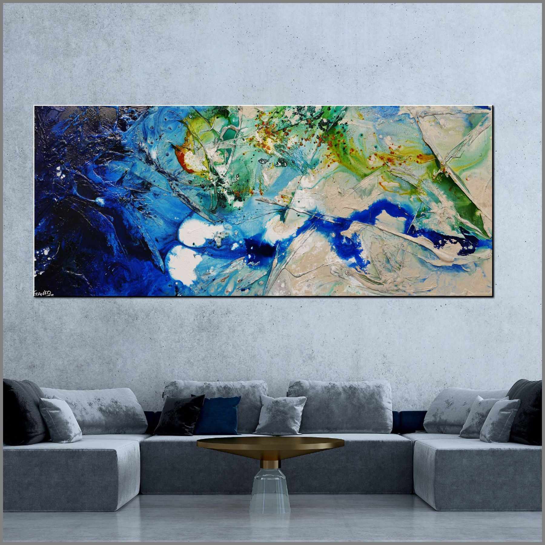 Nature's Class 240cm x 100cm Blue White Green Textured Abstract Canvas Wall Art - Perfect for Living Room, Bedroom or Office Decor