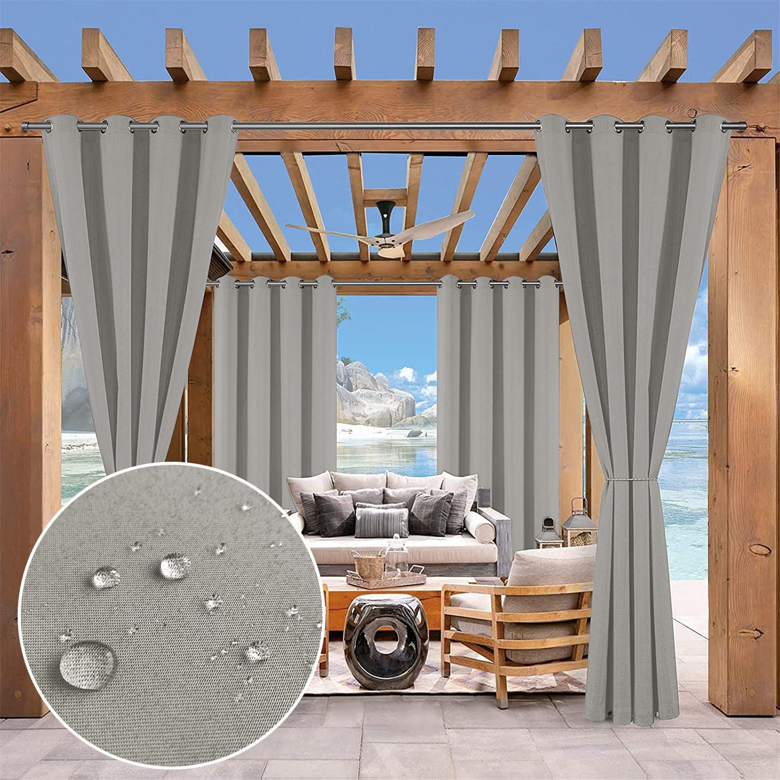 Light Gray Blackout Eyelet Curtains - Waterproof Oxford Fabric, Windproof & UV Protection Thermal Insulated Drapes for Bedroom, Patio, Porch (2 Panels, 52x108 inches) - Perfect for Sun Protection, Privacy & Temperature Control in Living Rooms, Nurseries & Outdoor Spaces