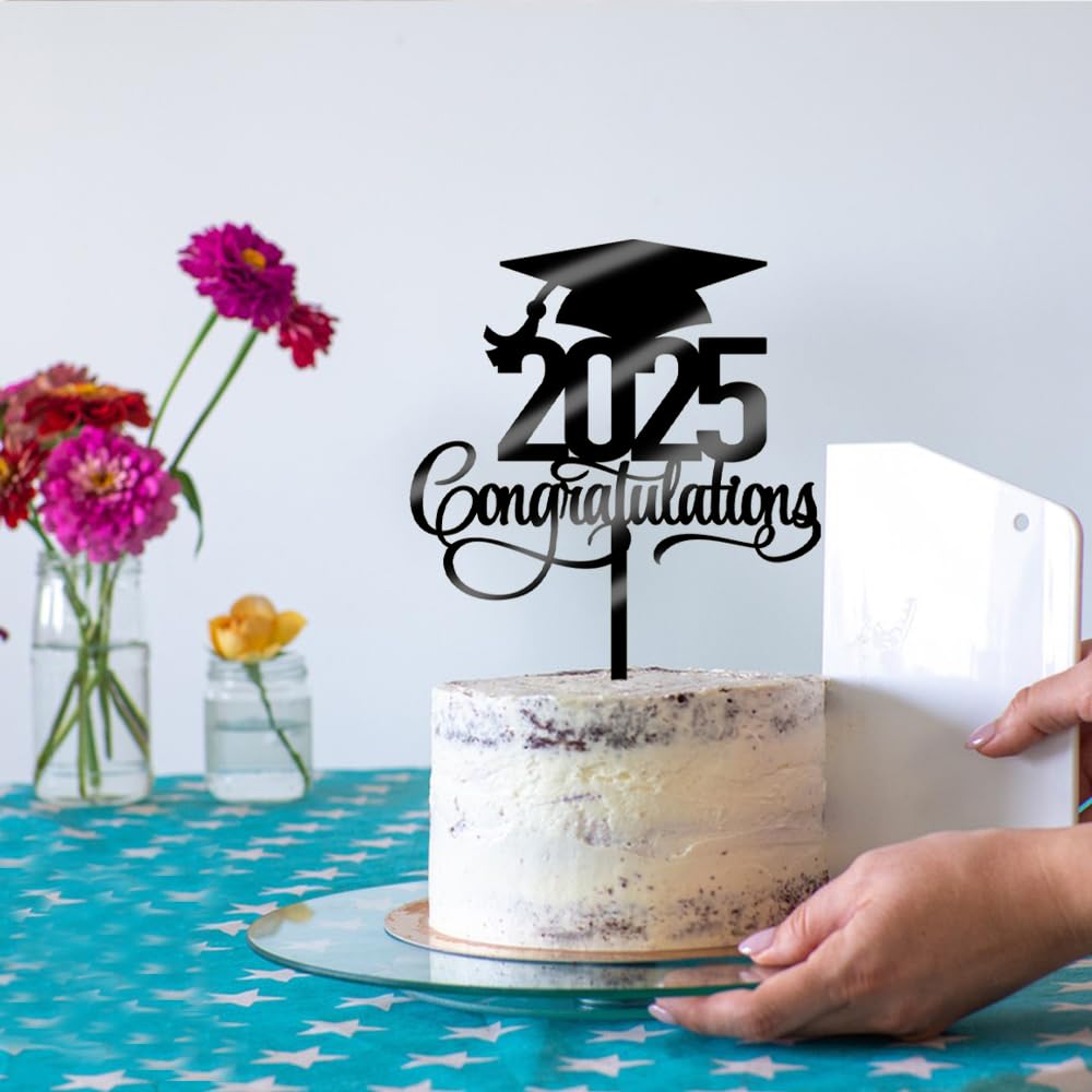 2025 Graduation Cake Topper - Acrylic Black Congratulations Grad Decor for High School & College Graduation Parties - Perfect for Graduation Cakes, Cupcakes & Dessert Tables - Class of 2025 Graduation Decorations