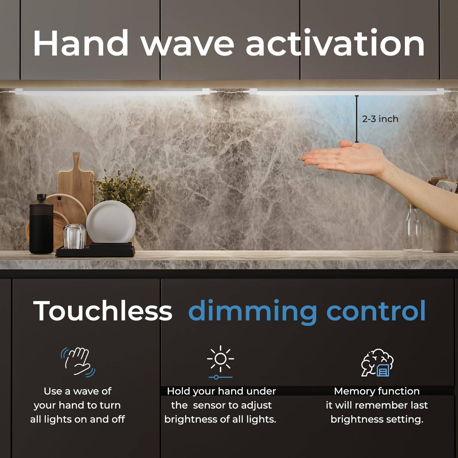EShine 12-Pack Under Cabinet LED Lighting Kit - Hand Wave Activated, Dimmable, 12 Inch Touchless Dimming Control - Cool White (6000K) Black Under Counter Lights for Kitchen, Garage, Office & Desk - Perfect for Task Lighting, Accent Illumination & Workspace Visibility