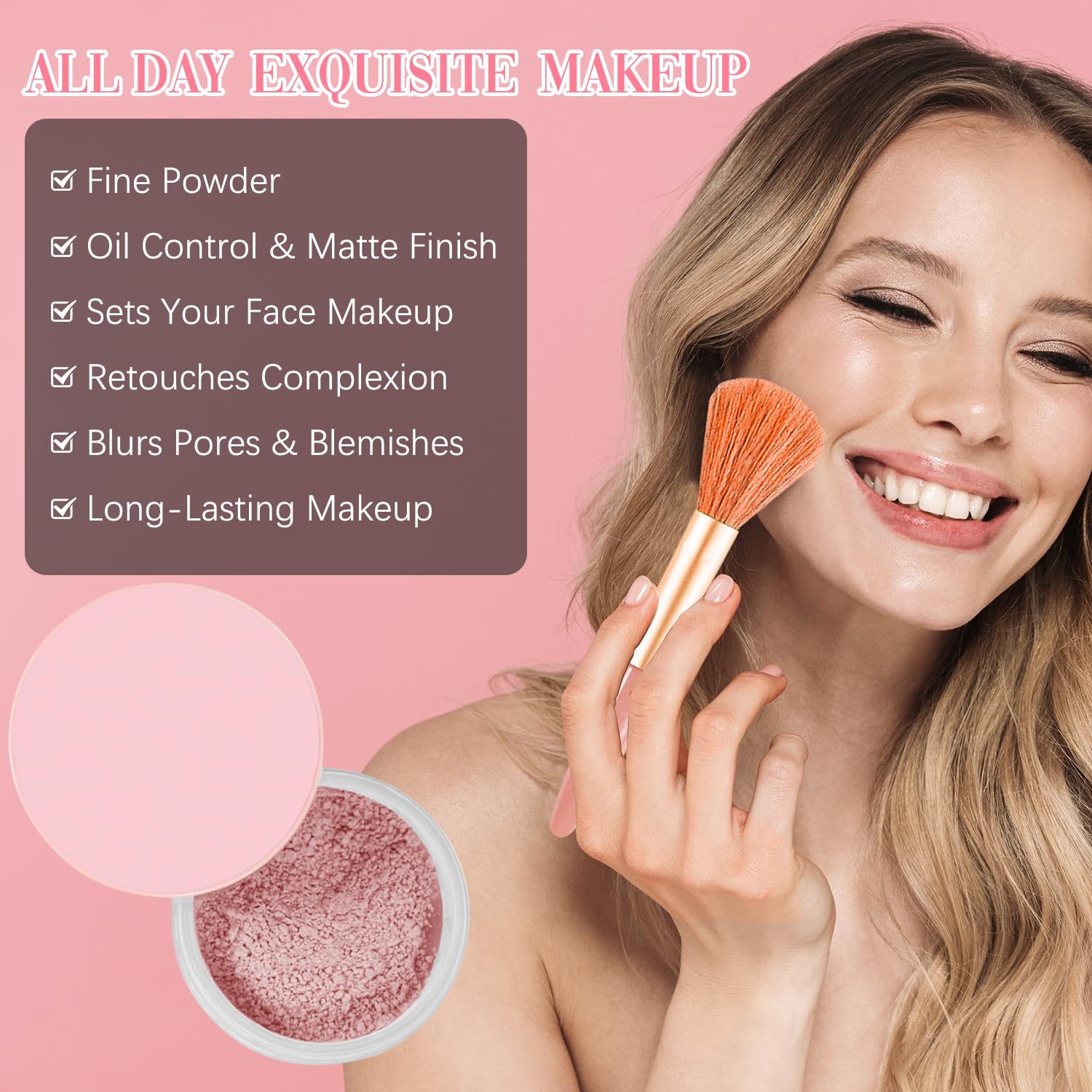 Allaura Beauty Blurring Setting Powder - Natural Lightweight Translucent Finishing Powder for Flawless Makeup, Oil Control & Pore Minimizing | Perfect for Daily Wear, Photo Shoots & Special Occasions (Pink)