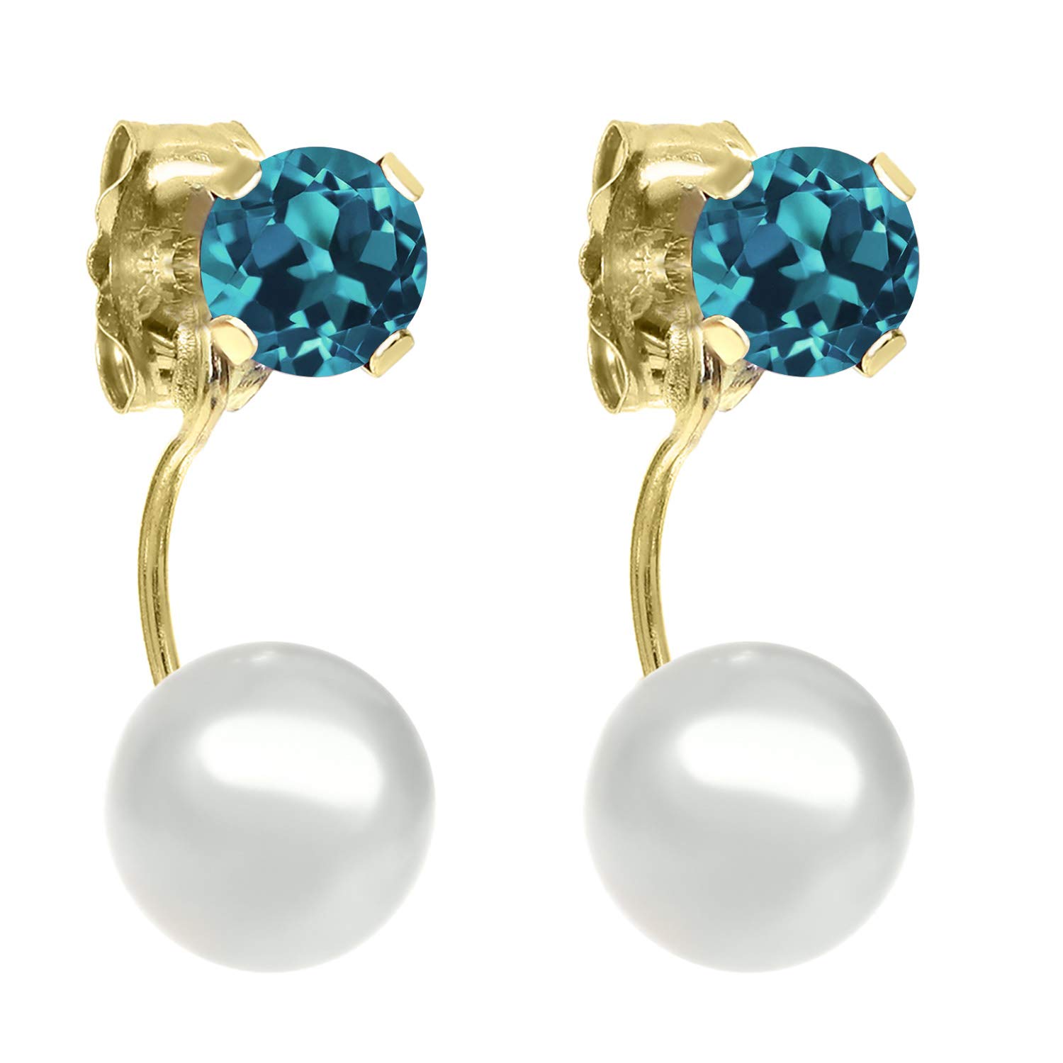 0.66 Ct Round 4mm London Blue Topaz & Freshwater Pearl 14K Yellow Gold Stud Earrings for Women - Elegant Gift for Anniversary, Birthday & Special Occasions