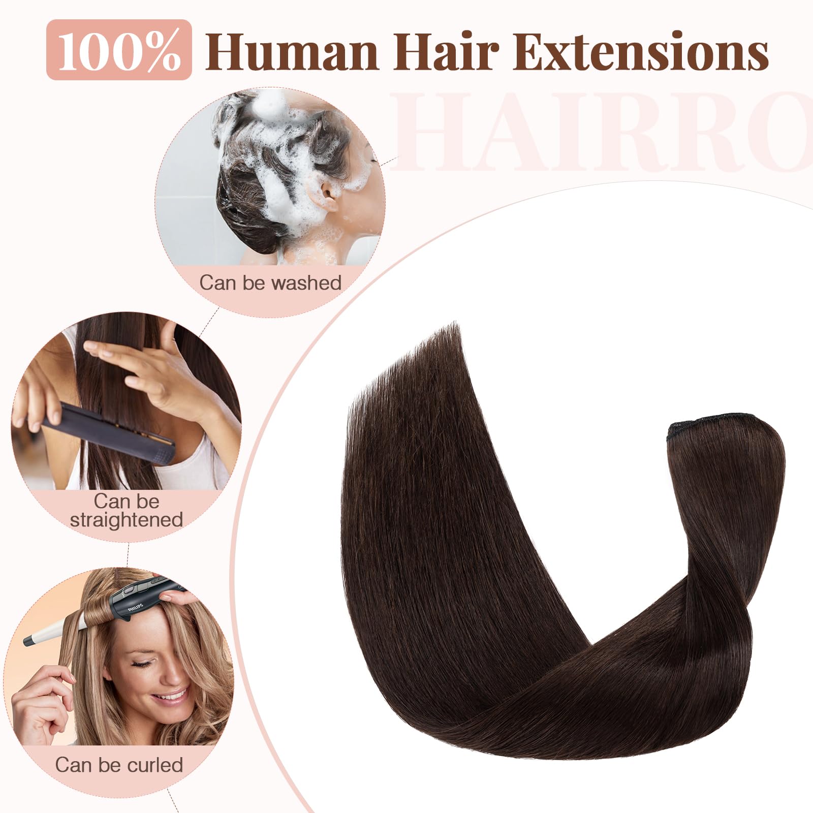 Hairro 18 Inch Clip-in Human Hair Extensions - 100% Remy Human Hair, Thin & Long Straight, Dark Brown #2, 70g Machine Weft (8pcs with 18 Clips) for Women - Perfect for Volume Boost, Length Extension & Styling Versatility