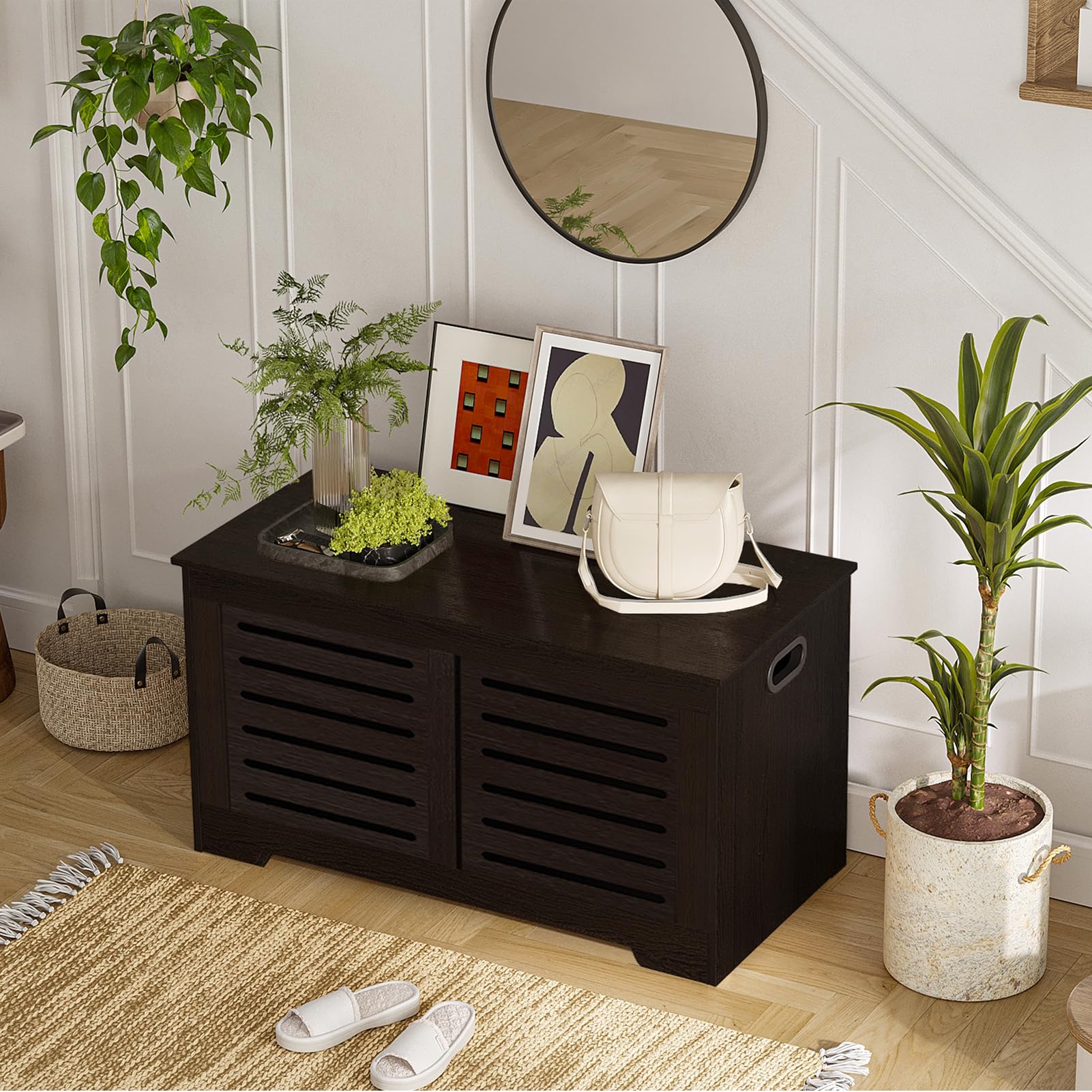 DINZI LVJ Flip-Top Wooden Storage Chest - Retro Entryway Shoe Bench with 2 Safety Hinges | Large Sturdy Toy Box & Storage Trunk for Living Room, Bedroom, Nursery | Easy Assembly Espresso Finish | Perfect for Kids' Room Organization & Entryway Seating