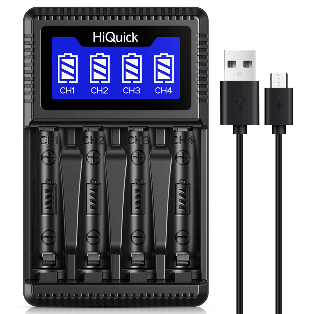 HiQuick 4 Bay AA AAA Battery Charger for NiMH NiCd Rechargeable Batteries - Fast Charging for Home, Office, and Travel Use