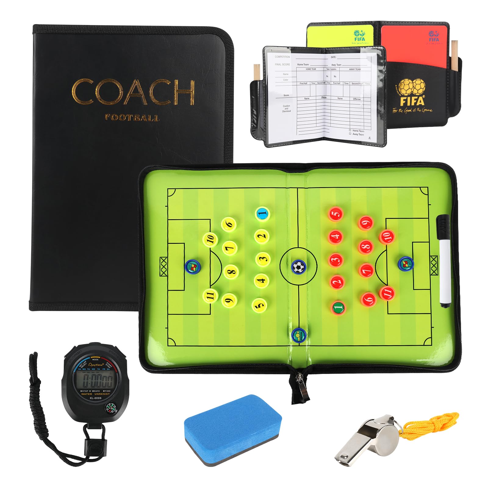 LUFEIS Professional Magnetic Soccer Coaching Board - Portable Tactical Football Whiteboard with Pens, Eraser, Brush, Timer & Whistle - Perfect for Soccer Coaches, Trainers & Tactical Training Sessions