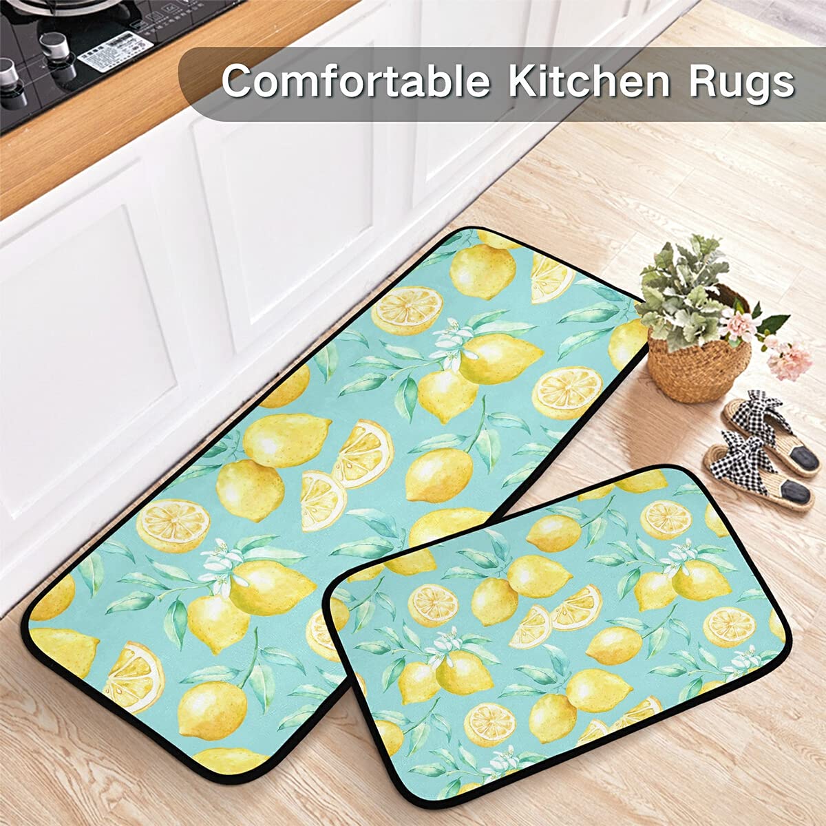 Emelivor 2-Piece Non-Slip Washable Lemon Kitchen Rugs Set - Teal Runner Mats for Floor Decor, Perfect for Kitchens, Entryways & Laundry Rooms