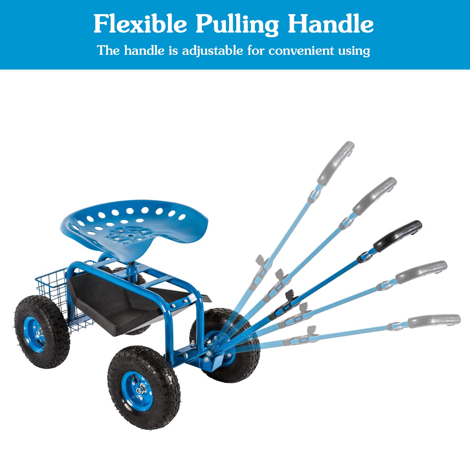 Heavy Duty Rolling Garden Cart Scooter Stool with Seat & Wheels - Adjustable Handle 360° Swivel Mobility Scooter - Perfect for Gardening, Landscaping & Outdoor Chores (Blue)