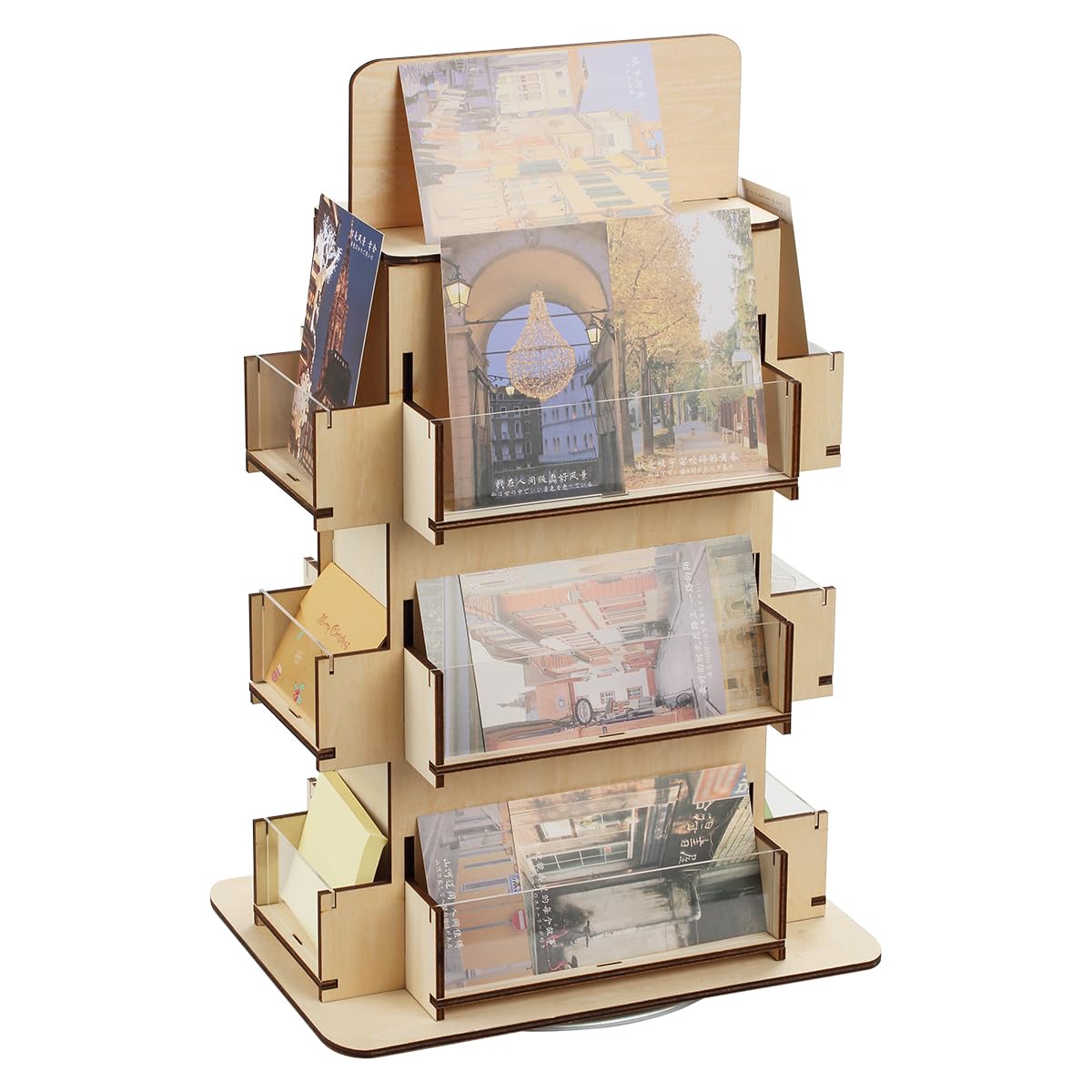 3-Tier Wooden Sticker Display Stand - 360° Rotating 4-Sided Sticker Holder for Retail Stores, Craft Fairs & Boutique Merchandising