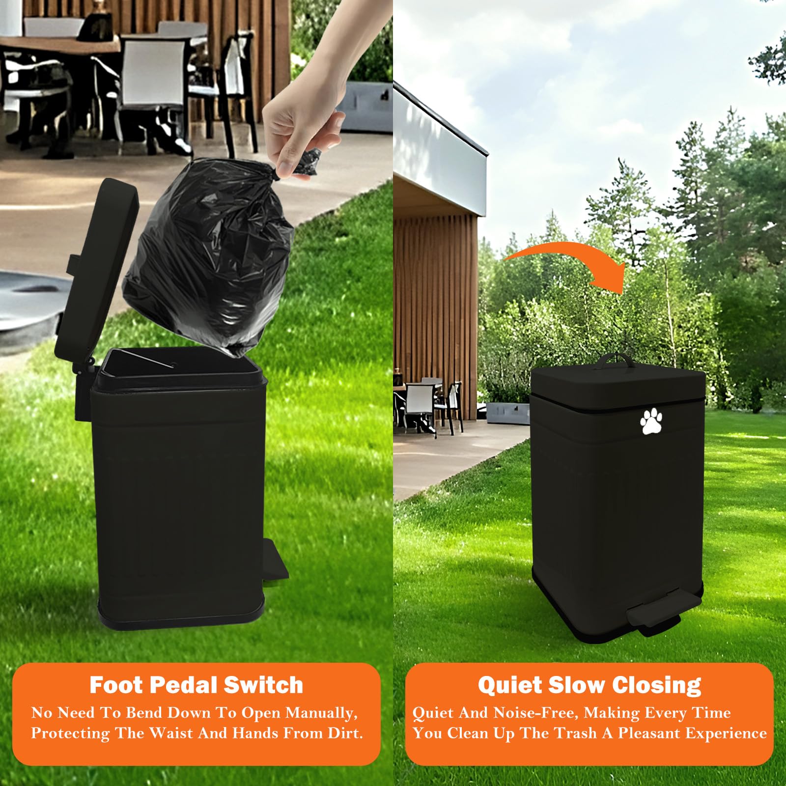 5L/1.3Gal Metal Dog Waste Trash Can with Lid & Foot Pedal - Outdoor Pet Poop Station Includes 40 Waste Bags - Soft Close Small Garbage Bin for Backyard, Patio & Dog Park (Black)