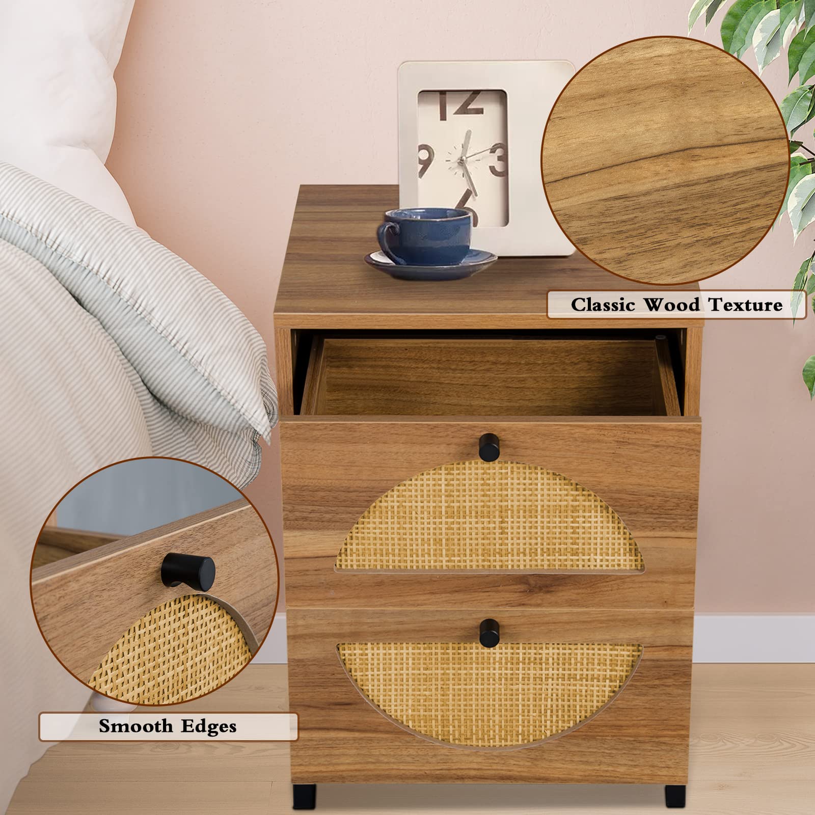 Rattan Nightstand with 2 Drawers & Metal Legs - Natural Rustic Bedside Table for Bedroom, Living Room | End Table with Storage Shelf for Home Decor & Organization