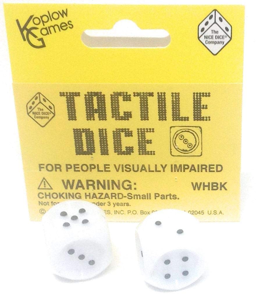 White Tactile Dice with Raised Black Pips - 20mm D6 Dice Set (Pack of 2) by Koplow Games - Perfect for Board Games, RPGs, and Casino Night