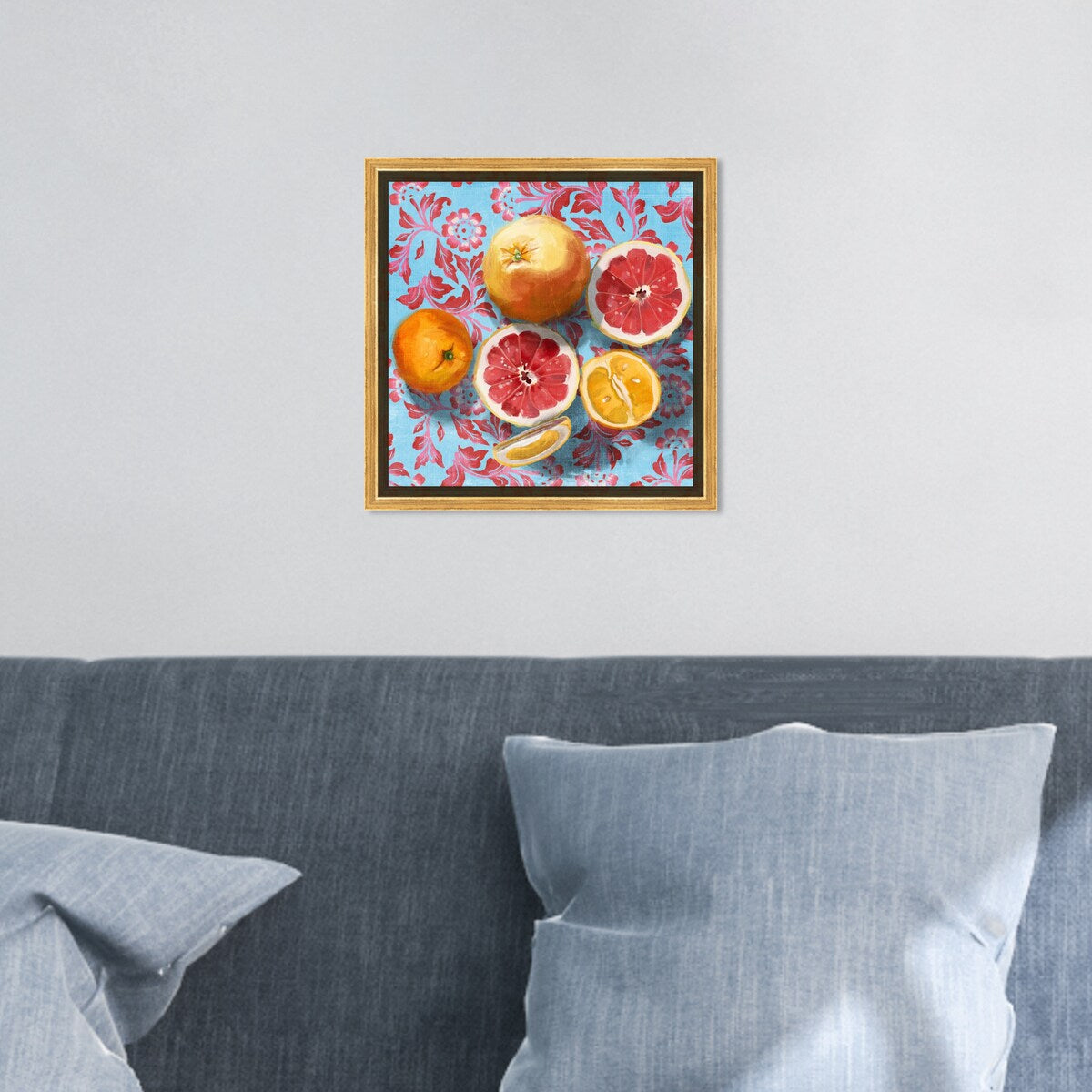 Tropical Citrus Still Life Blue Framed Canvas Wall Art Print - Sour Fruit Kitchen Decor for Cabin & Lodge - Perfect for Farmhouse, Dining Room & Country Style Homes