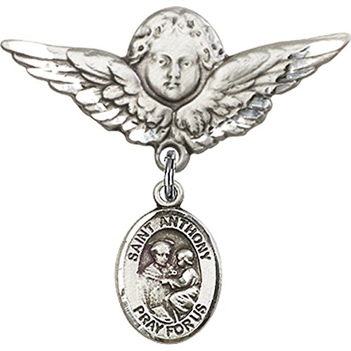 Sterling Silver Baby Badge with St. Anthony of Padua Charm & Angel Wing Pin - Religious Jewelry for Baptism, First Communion & Baby Blessing Gifts