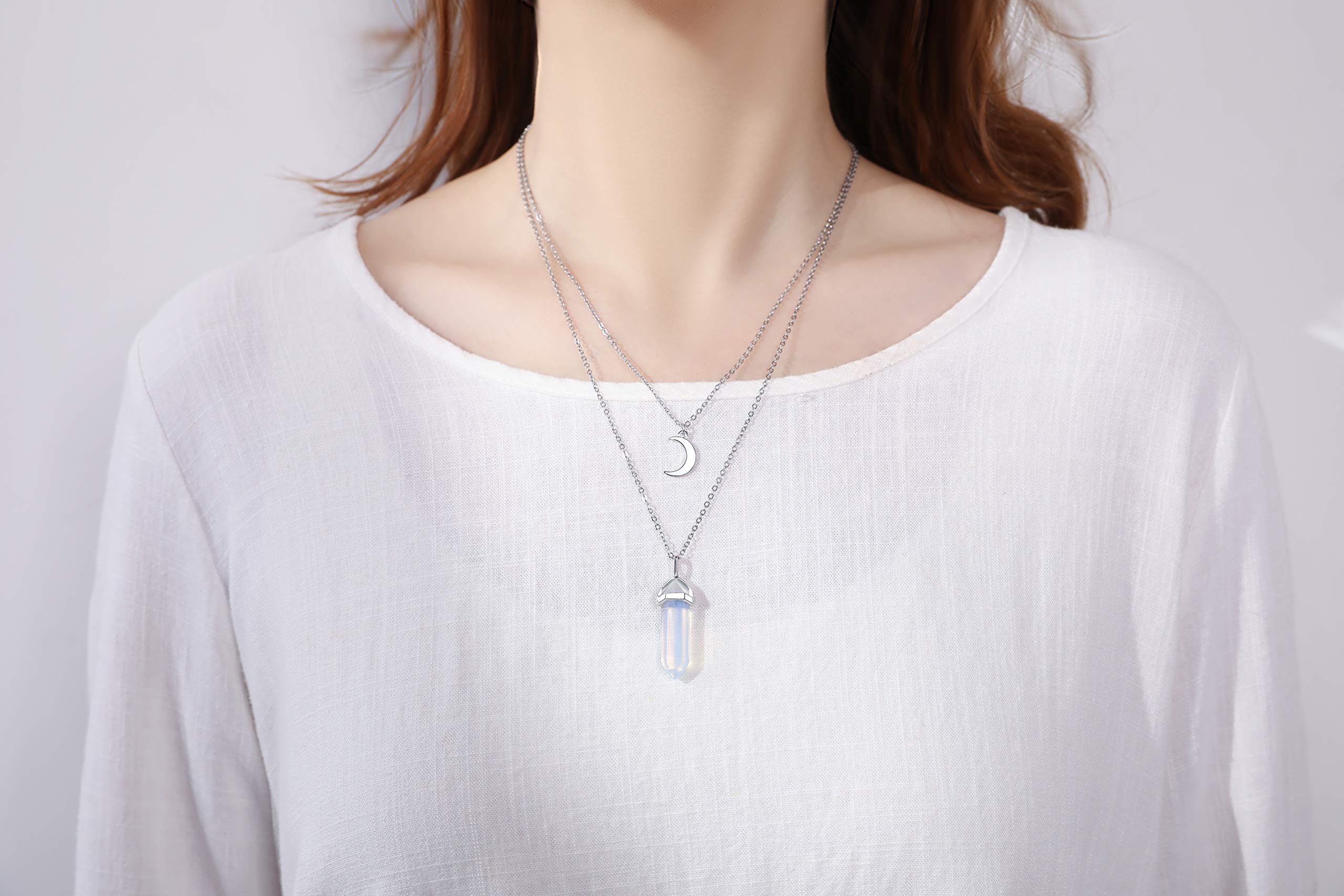 Layered Crescent Moon Necklace with Healing Crystal Stone Point Pendant - Reiki Witch Gemstone Dainty Jewelry for Women | Spiritual Healing, Meditation & Boho Fashion Accessory