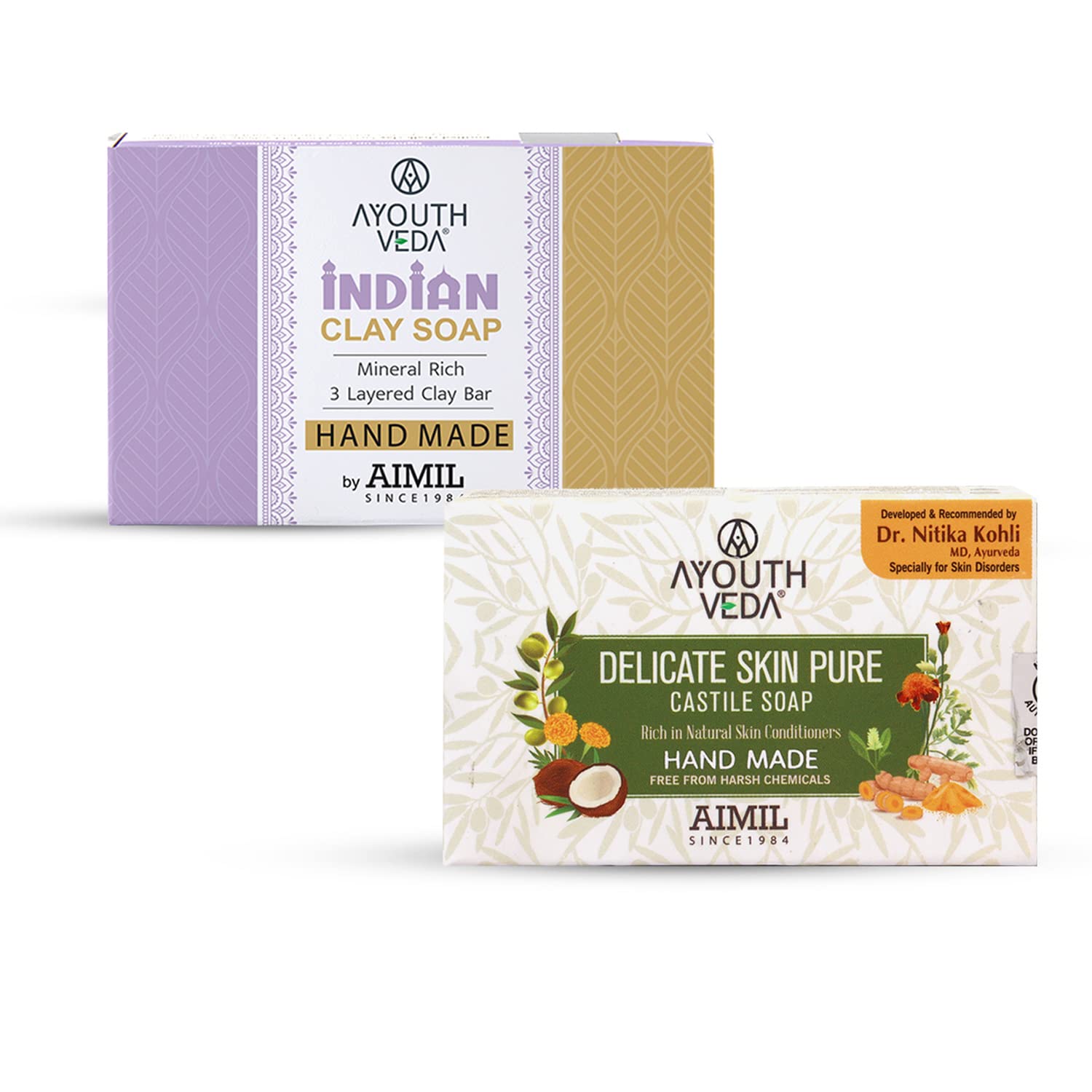 Ayurvedic Handmade Herbal Soap Set - Indian Clay Soap & Castile Soap for Sensitive Skin (3.5oz Each) | Natural Ingredients with Sandalwood Oil, Multani Mitti & Coconut Oil | Skin Brightening, Chemical-Free | Perfect for Daily Cleansing, Spa Days & Gift Giving
