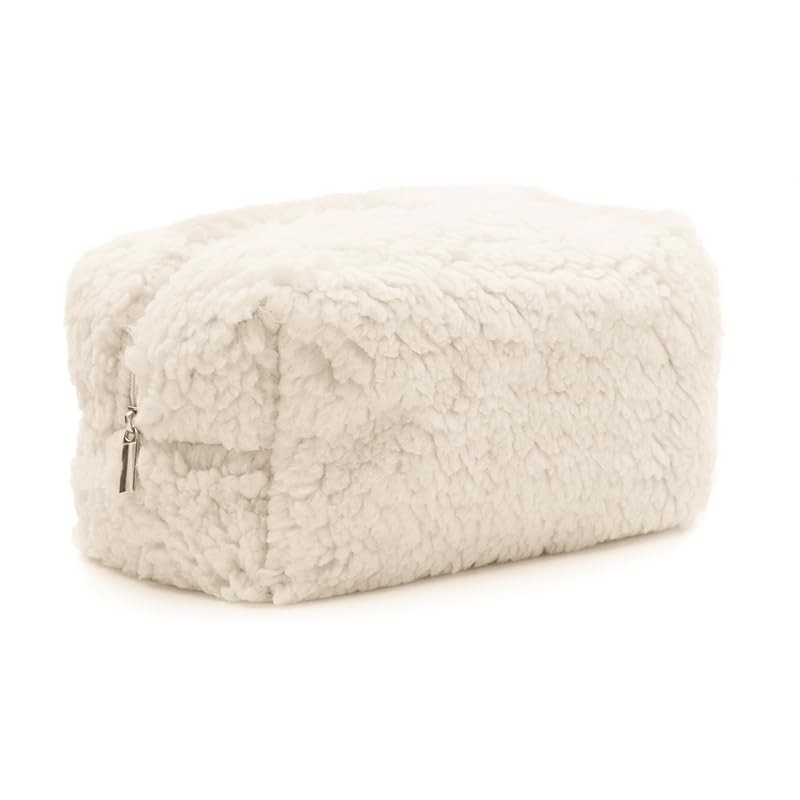 Soft Plush Makeup Bag for Women - Large Capacity Travel Cosmetic Organizer with Aesthetic Design, Preppy Style Cosmetic Pouch for Purse - Perfect for Makeup Storage, Travel Essentials & Daily Use (White)