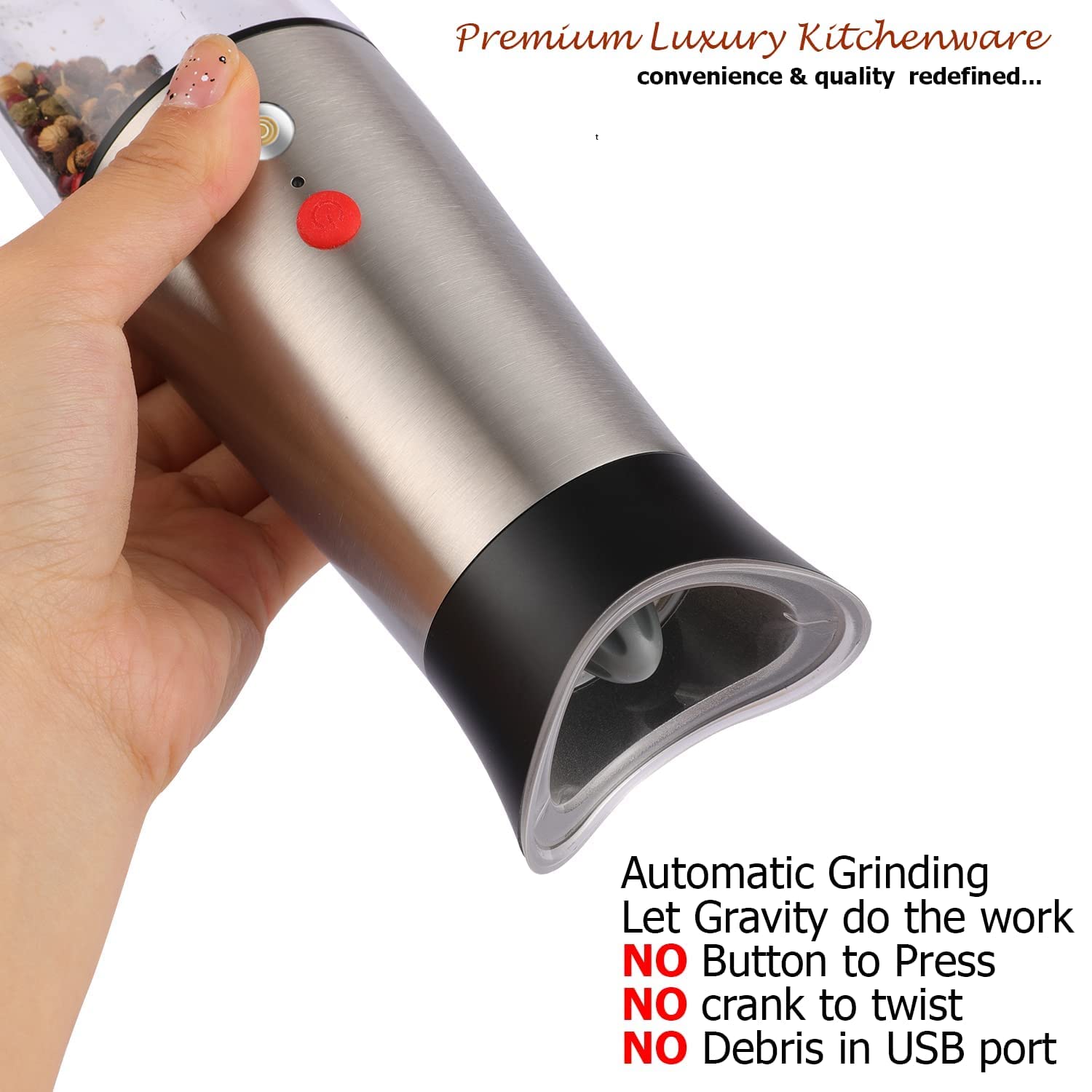 Rechargeable Electric Salt and Pepper Grinder Set - USB Magnetic Charging, Adjustable Coarseness, Gravity Activated with LED Light - Stainless Steel Spice Mill for Kitchen, Dining, and Outdoor Cooking