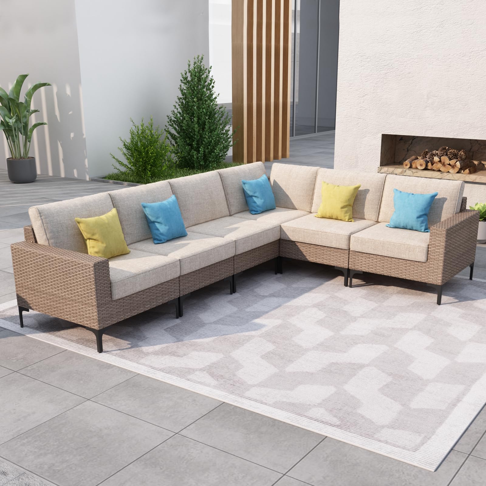 DIMAR GARDEN 6-Piece Fully Assembled Outdoor Patio Furniture Set - Aluminum Wicker Sofa with Cushions in Light Brown - Perfect for Garden, Backyard, Poolside & Terrace Relaxation