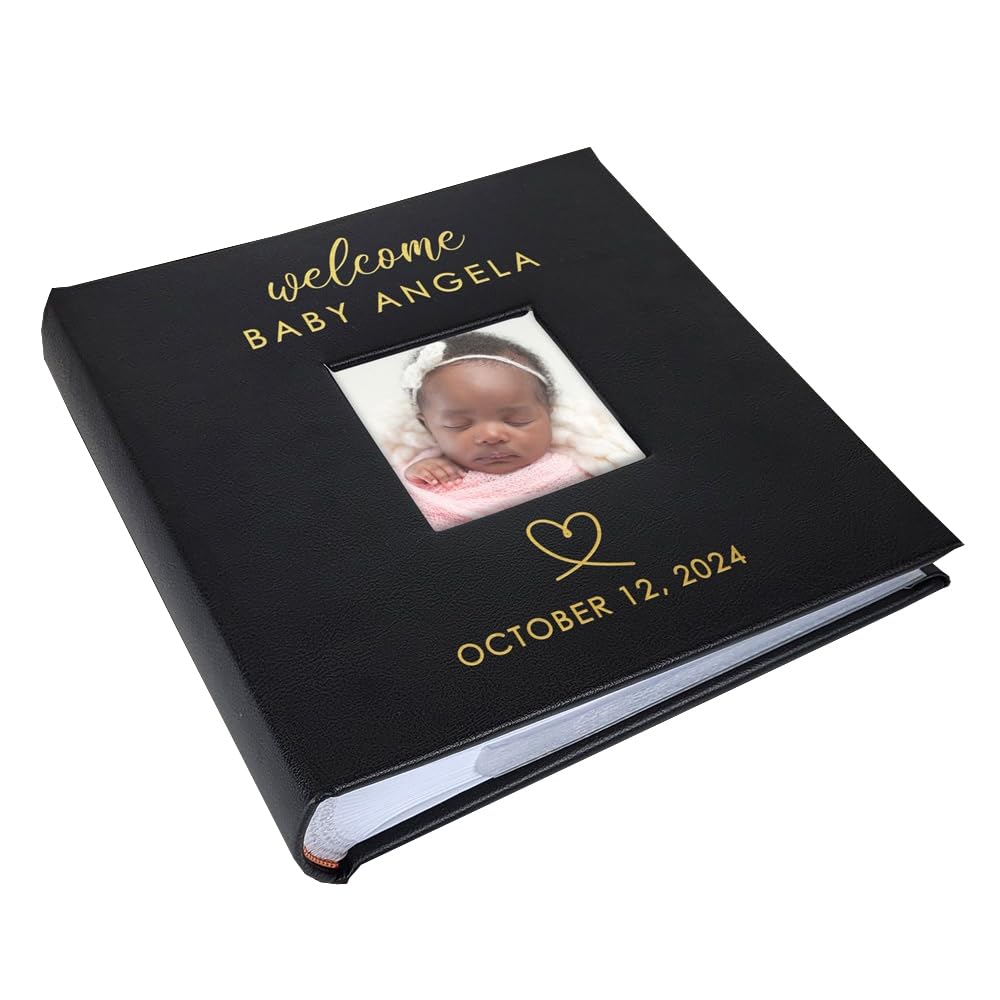 Personalized Photo Album - Custom Engraved Picture Book Holds 200 4x6 Photos, Premium Leatherette Scrapbook with Laser Engraving, Baby Shower Gift, Wedding Memory Book, Family Photo Organizer (Black) - Perfect for Preserving Baby's First Year, Anniversary Memories & Family Reunions