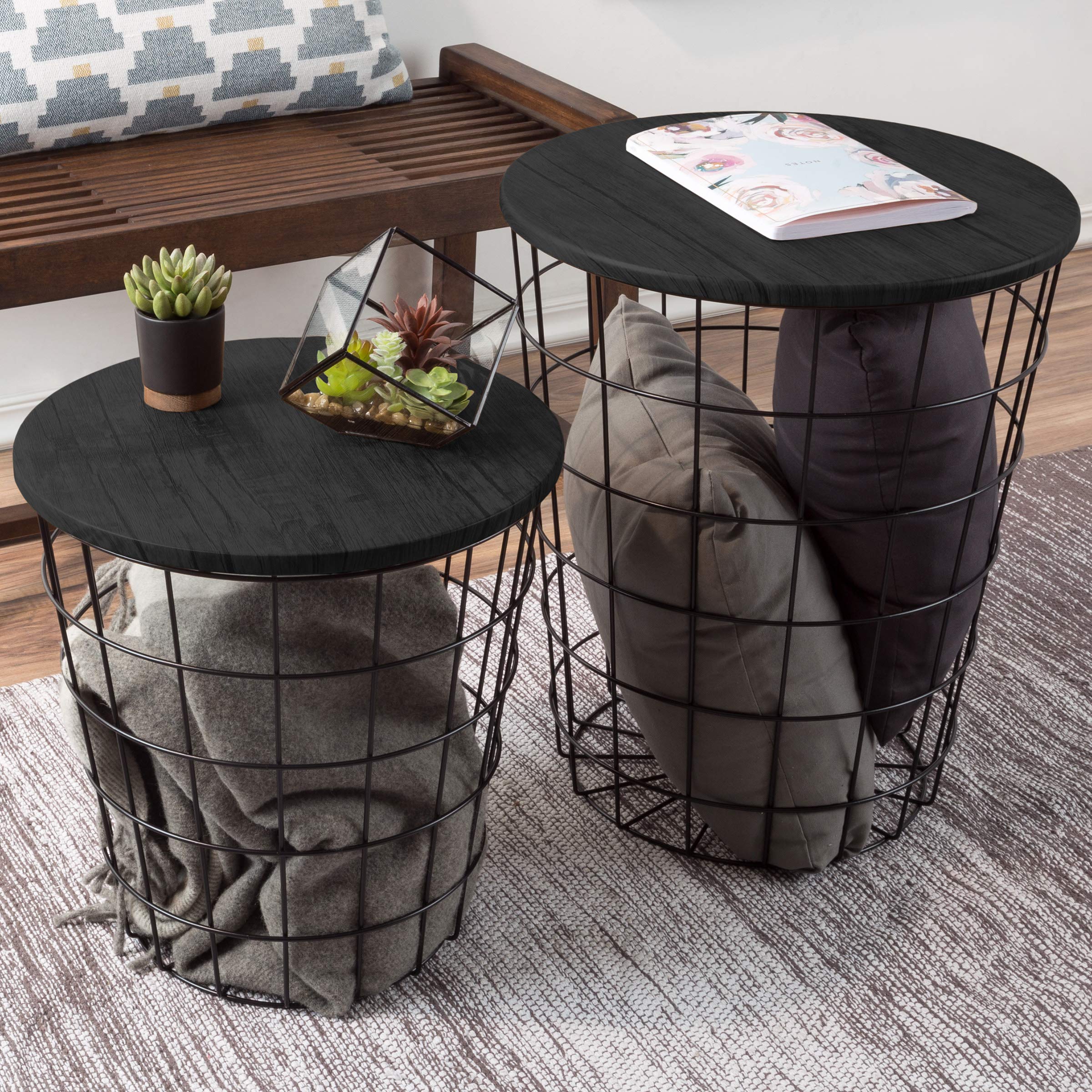 Lavish Home 2-Piece Round Nesting End Tables Set with Removable Wood Tops & Metal Basket Bases - Blanket Storage Side Tables for Living Room, Bedroom, Home Office - Perfect for Small Space Organization & Stylish Home Decor (Black)