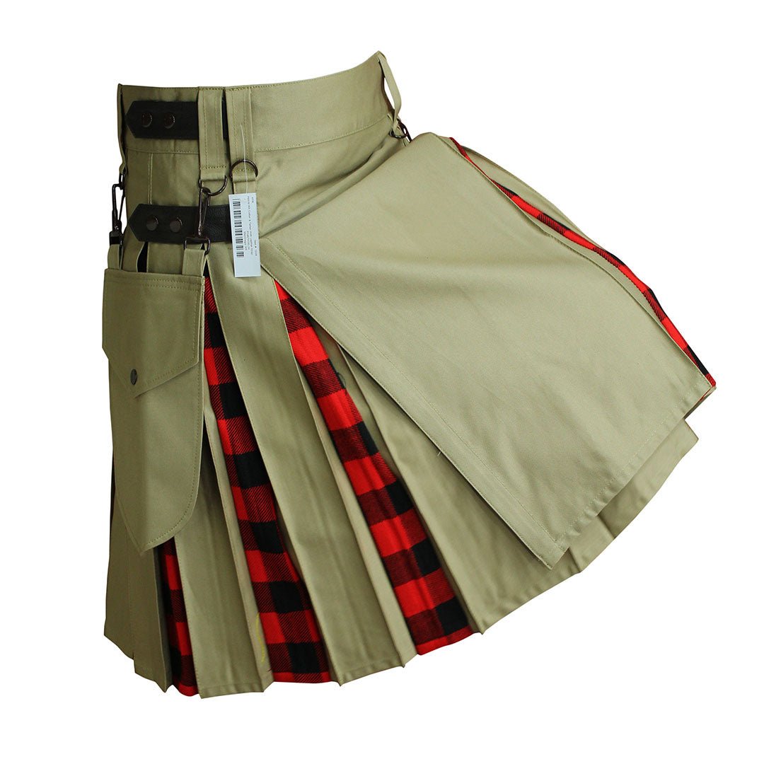 Hybrid Kilt for Men - Khaki Tartan Utility Kilt with Pockets | Perfect for Renaissance Fairs, Scottish Weddings & Cosplay Events