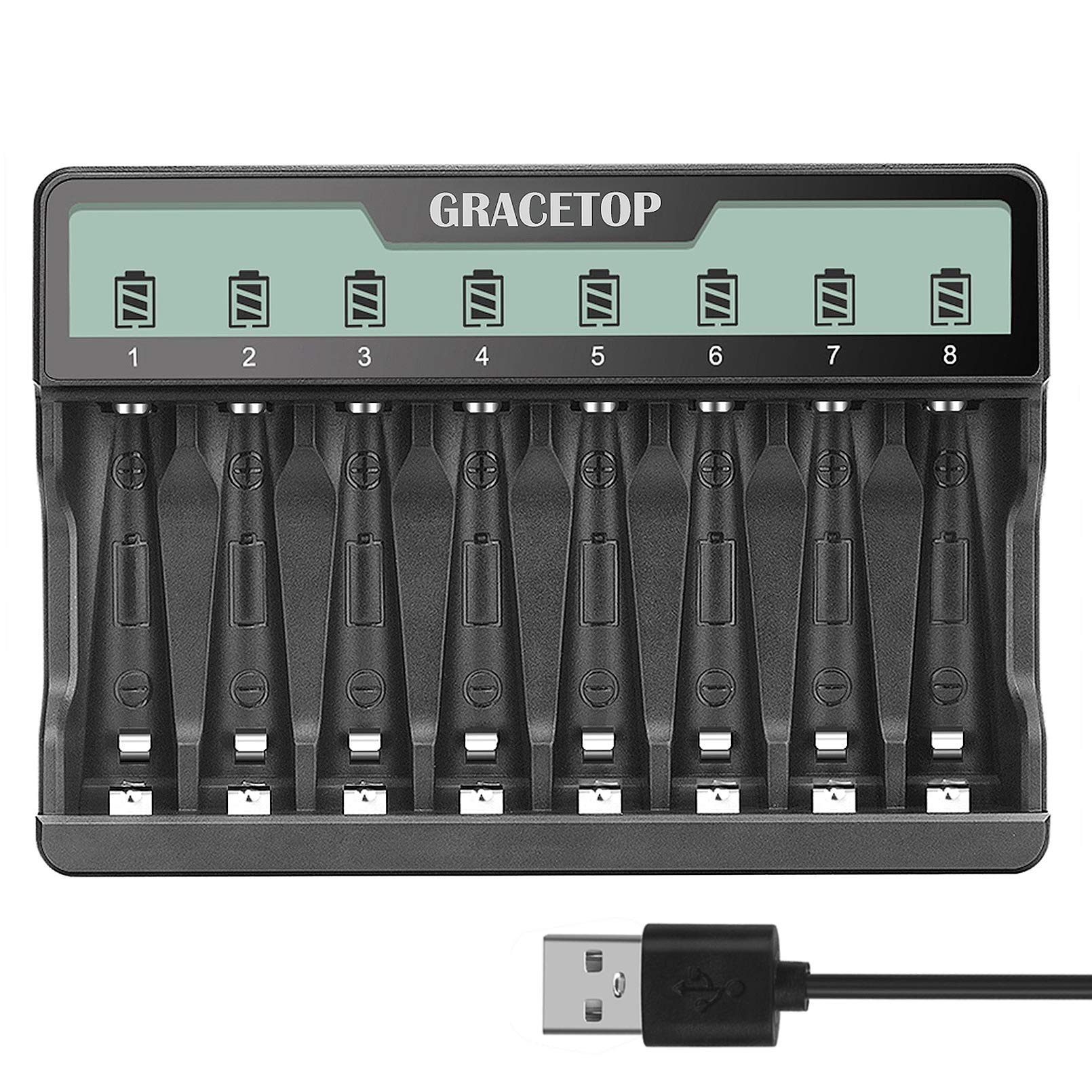 8 Bay AA AAA Battery Charger - Fast USB Charging for Ni-MH Rechargeable Batteries 1.2V with Independent Slots & USB Cable | Perfect for Cameras, Toys, Flashlights & Home Electronics (Battery Not Included)