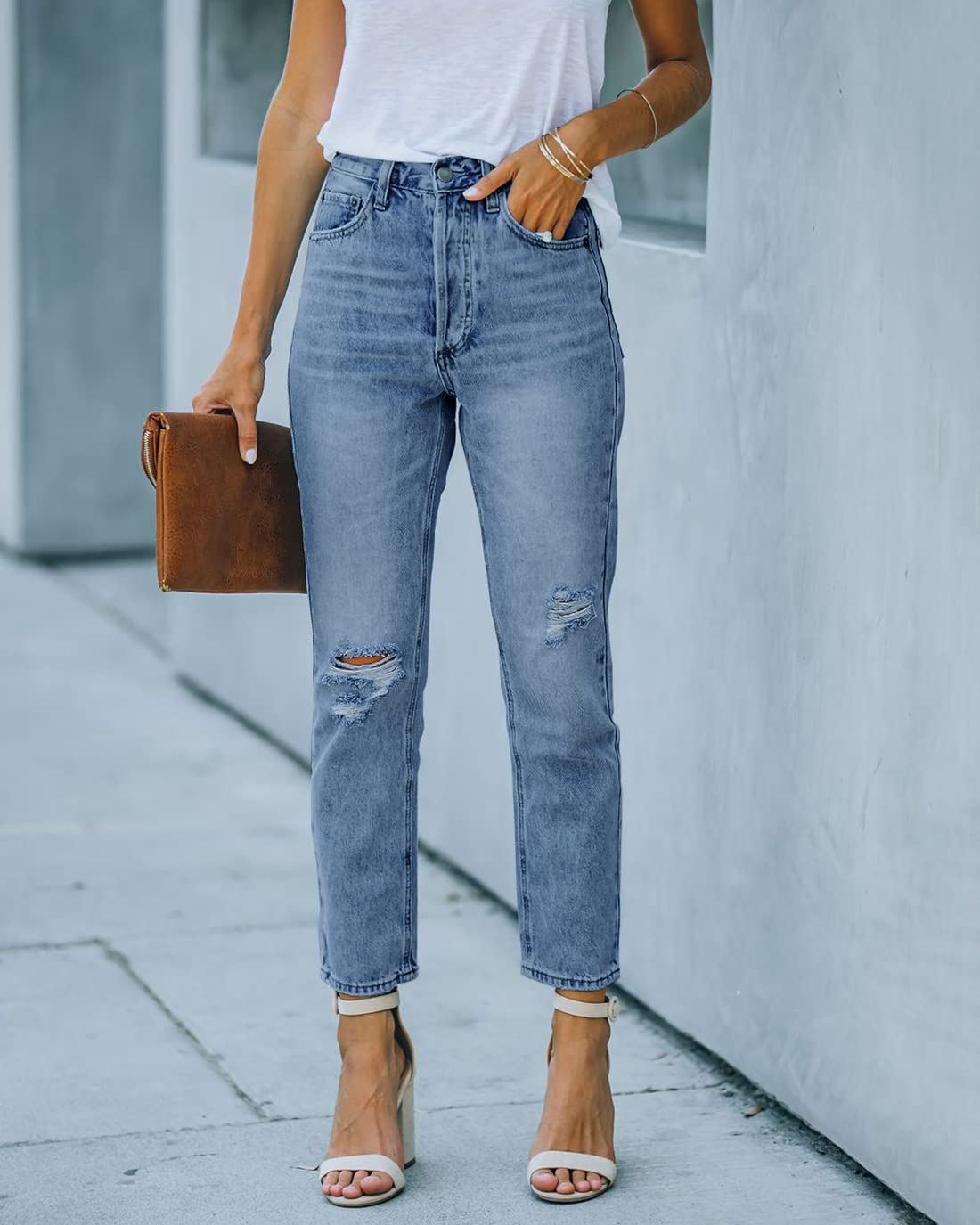 Women's High Waisted Ripped Jeans - Distressed Stretch Denim Pants with Straight Leg Fit | Perfect for Casual Outfits, Date Nights & Street Style Fashion
