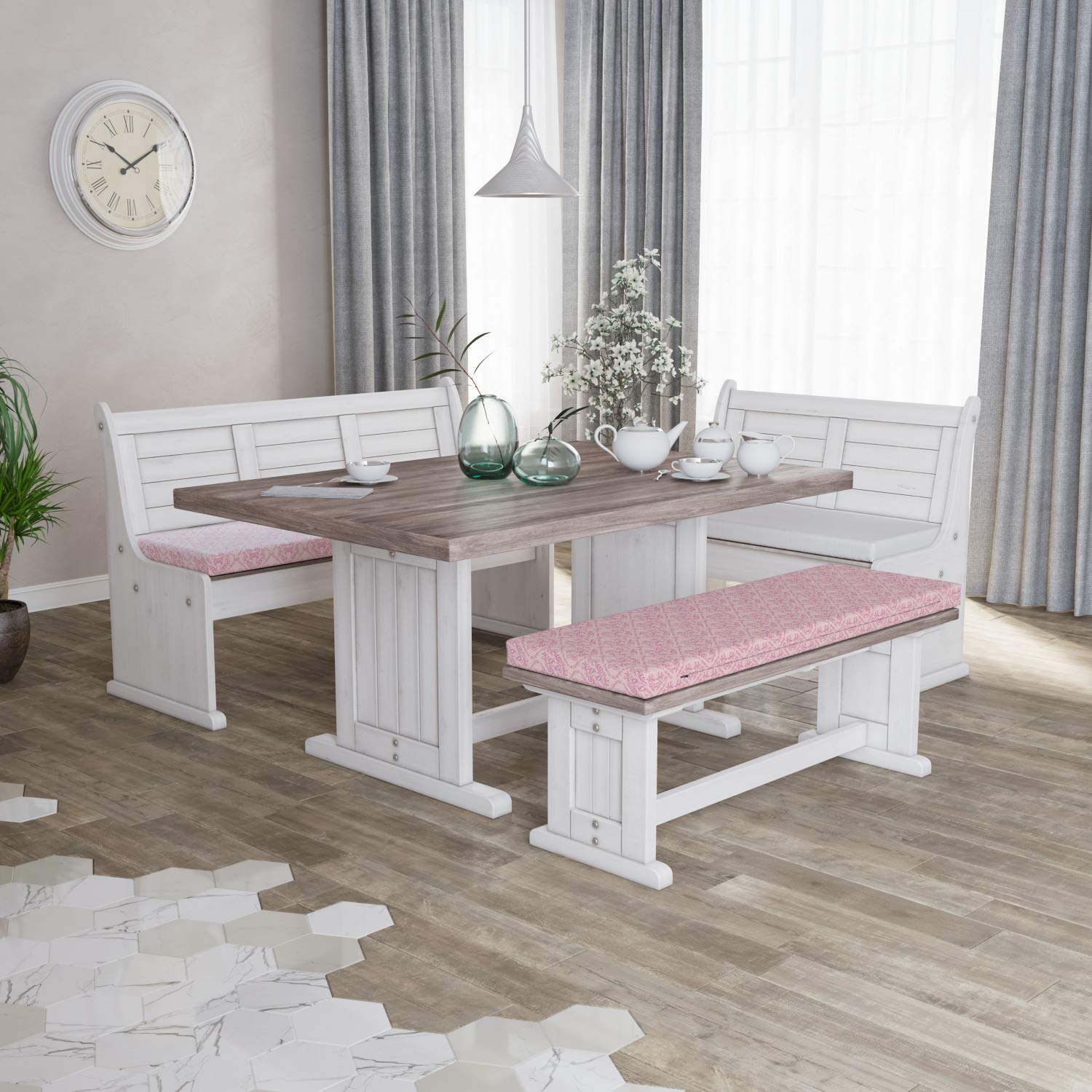Ambesonne Pink Damask Bench Cushion Set of 2 - Floral Abstract Royal Flowers Foam Seat Pad with Decorative Cover, Standard Size - Perfect for Indoor Benches, Window Seats, and Patio Furniture in Pale Pink Rose