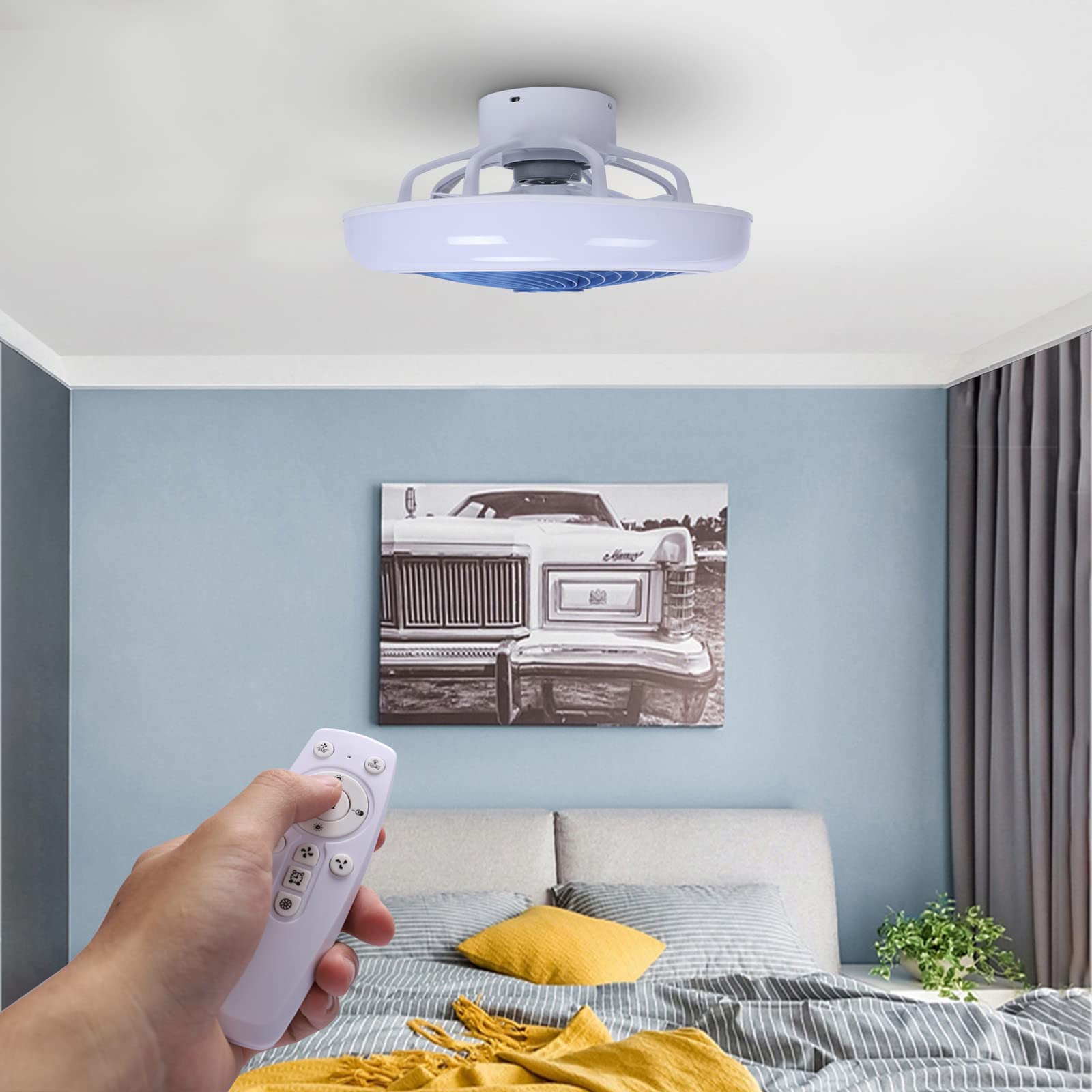 Modern Low Profile Ceiling Fan with LED Lights & Remote Control - 3-Speed Dimmable Enclosed Fan Light for Bedroom, Kitchen, Living Room (Blue) - Energy Efficient Cooling & Stylish Lighting Solution for Home & Office