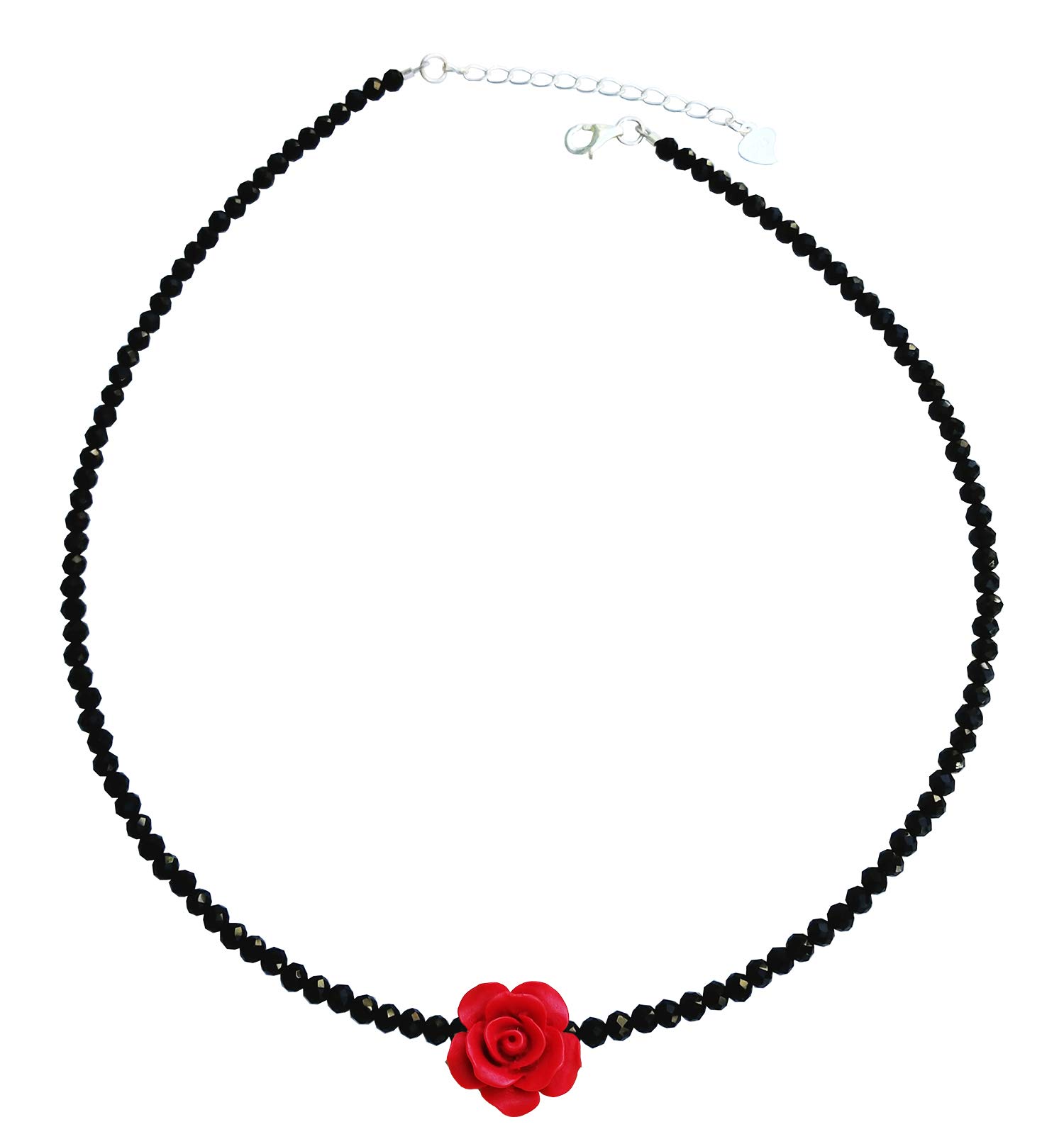 **Red Rose Choker Necklace - 925 Sterling Silver Black Spinel Beads & 15MM Flower Pendant - Adjustable 13+2