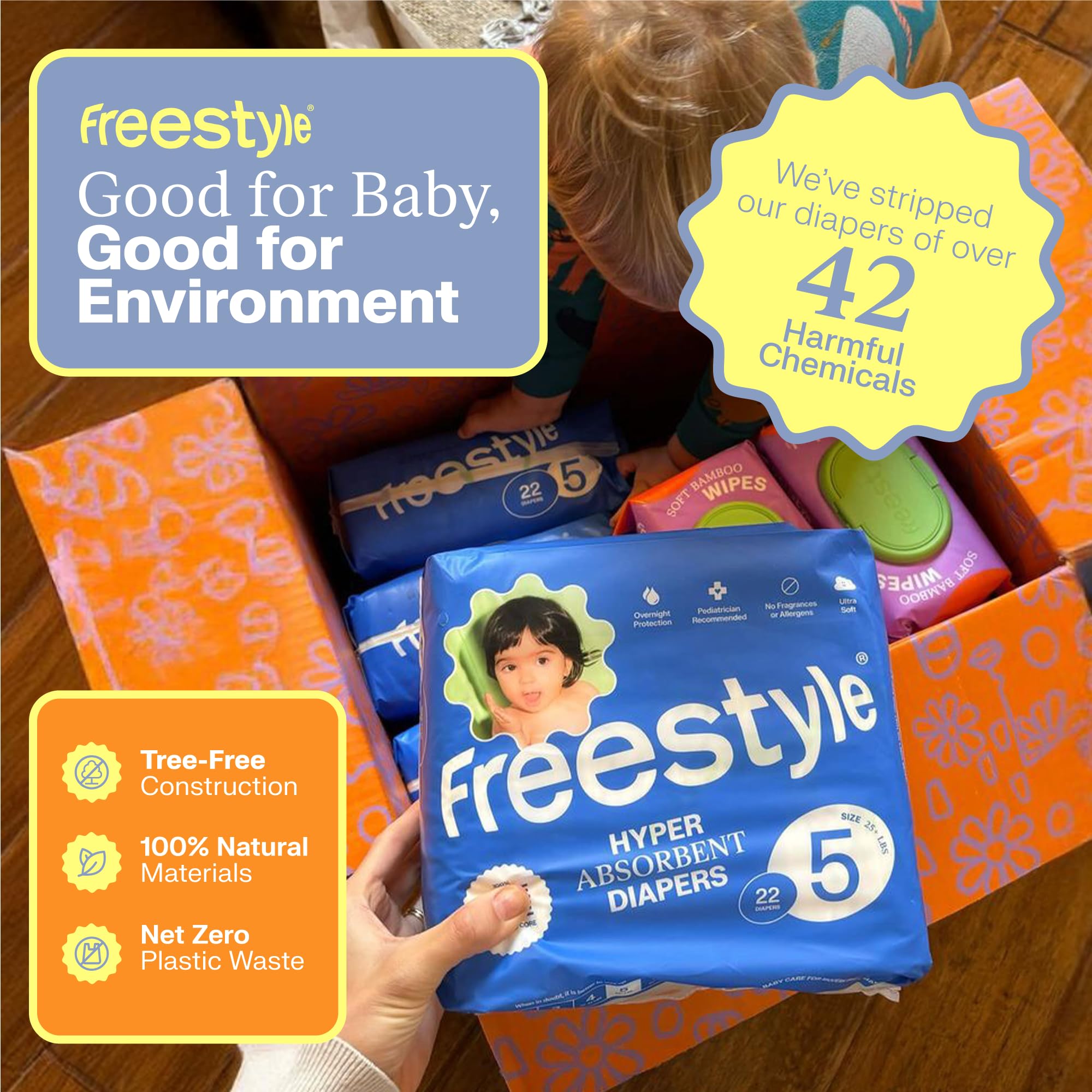 **Freestyle Size 5 Disposable Diapers – Hyper Absorbent, Non-Toxic & Ultra Soft for Sensitive Skin – 132 Count (25+ lbs) – Perfect for Overnight Use, Travel & Active Babies**