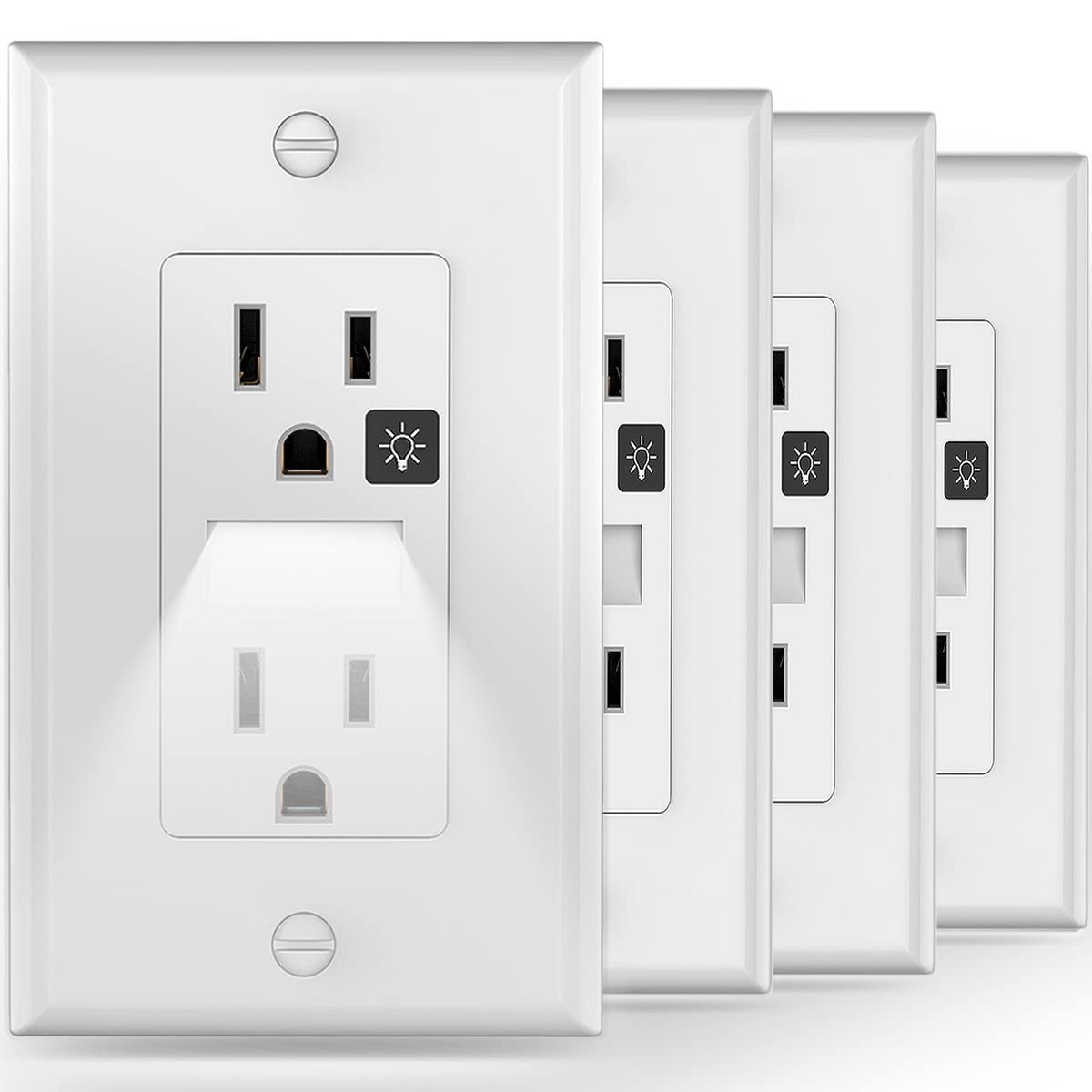 15A 125V Receptacle Outlet with Auto On/Off Night Light - 4 Pack White Wall Outlet with LED for Kids Room, Bedroom, Bathroom & Stairs - Perfect for Nighttime Safety and Convenience in Hallways, Nurseries and Dark Areas