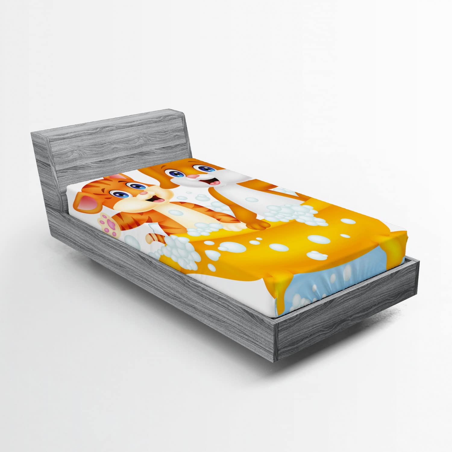 Ambesonne Animal Print Fitted Sheet - Cartoon Cat & Dog in Bathtub with Bubbles Design, Deep Pocket Elastic Bed Cover for Twin Size Mattress (Yellow, Brown, Blue) | Perfect for Kids' Rooms, Dorm Decor & Pet Lover Gifts