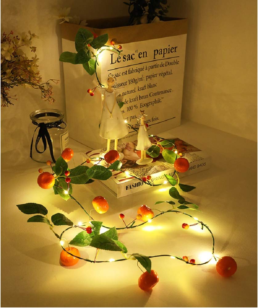 2m Artificial Tangerine Vine with 20 LED String Lights - Battery Powered Kumquat Berries Decor for Indoor & Outdoor Use | Perfect for Christmas, Weddings, Garden Parties & Home Decoration