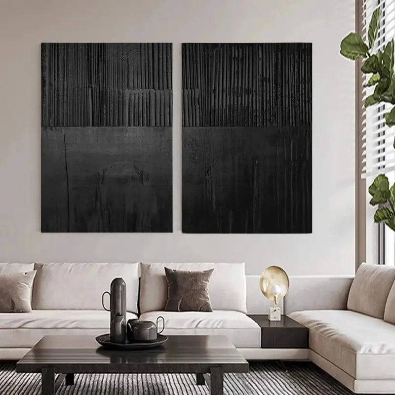 Black Minimalist Textured Painting Canvas Set of 2 - Modern Abstract Wall Art for Living Room & Bedroom Decor - #MZ028