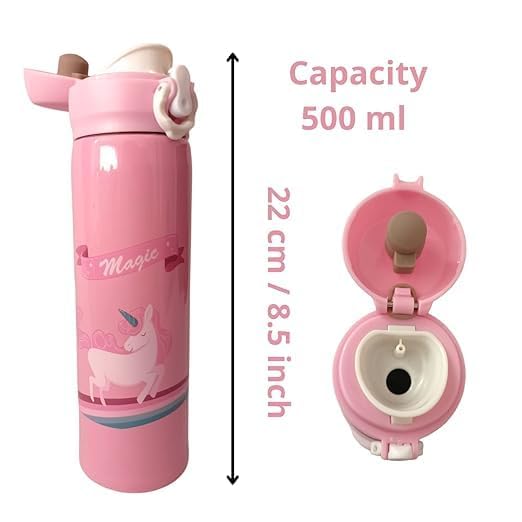 Unicarn 2-in-1 Kids Water Bottle & Hair Brush Set - 500ml Vacuum Insulated Flask with Cute Girl Hairbrush | Perfect for School, Travel & Outdoor Activities
